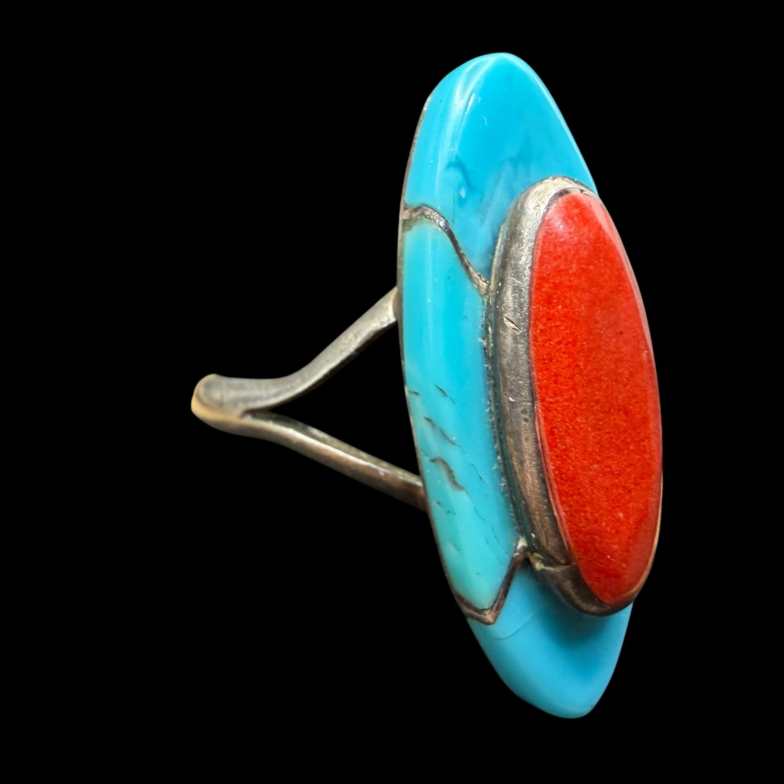 Native American Sterling Silver Turquoise Coral Ring Old Pawn Sz 7 3.81g 925: Maker: Unmarked, likely Old Pawn. / Material: Sterling Silver. / Stone: Turquoise and Coral. / Size: 7. Face measures 1” x .4” / Weight: 3.81 grams. / Condition: Excellent, ready to be wor