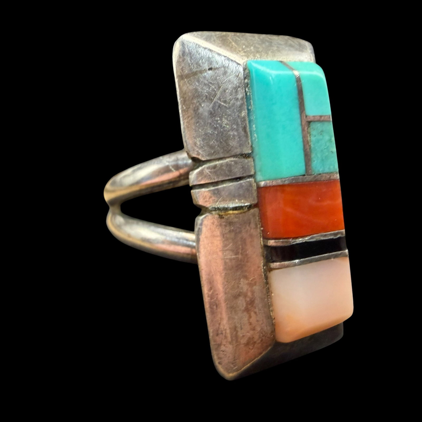 Native American Sterling Silver Turquoise Coral Onyx Oyster Shell Inlay Ring Sz 7 7.97g 925 Old Pawn (1 of 10)