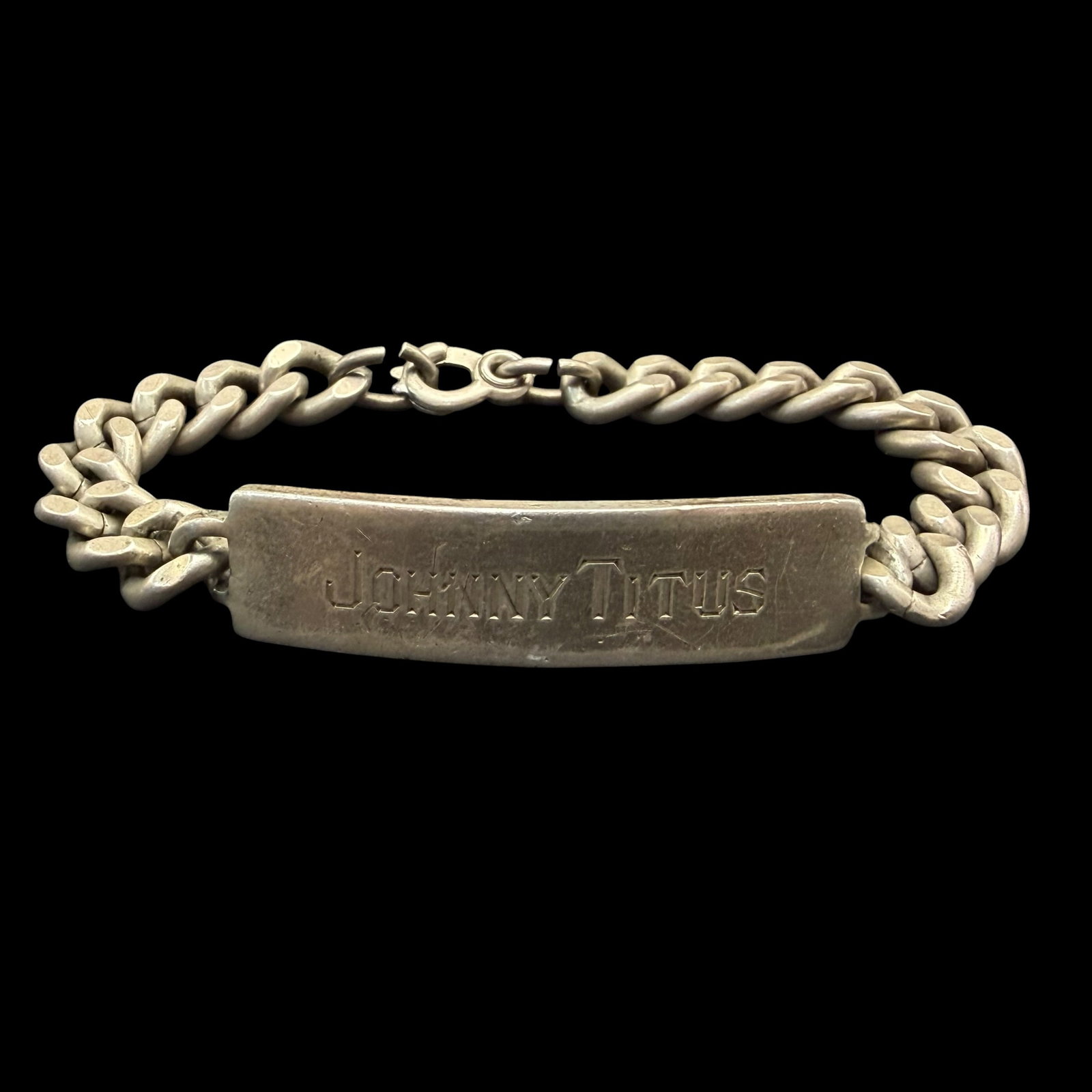 Vintage WWII Era Sterling Silver Sweetheart Chain Bracelet Johnny Titus Marilyn 7.5” 42.48g: Maker: Unmarked. / Material: Sterling Silver. / Stone: None. / Size: 7.5” long overall. 1/2” wide name plate. / Weight: 42.48 grams. / Condition: Excellent, ready to be worn and enjoyed. /