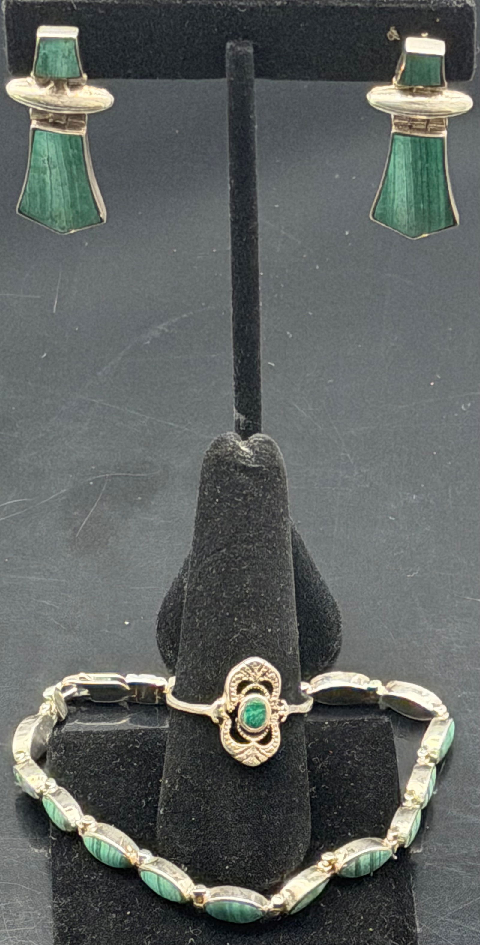 Sterling Silver Malachite Earrings Bracelet Ring Set 23g (1 of 10)