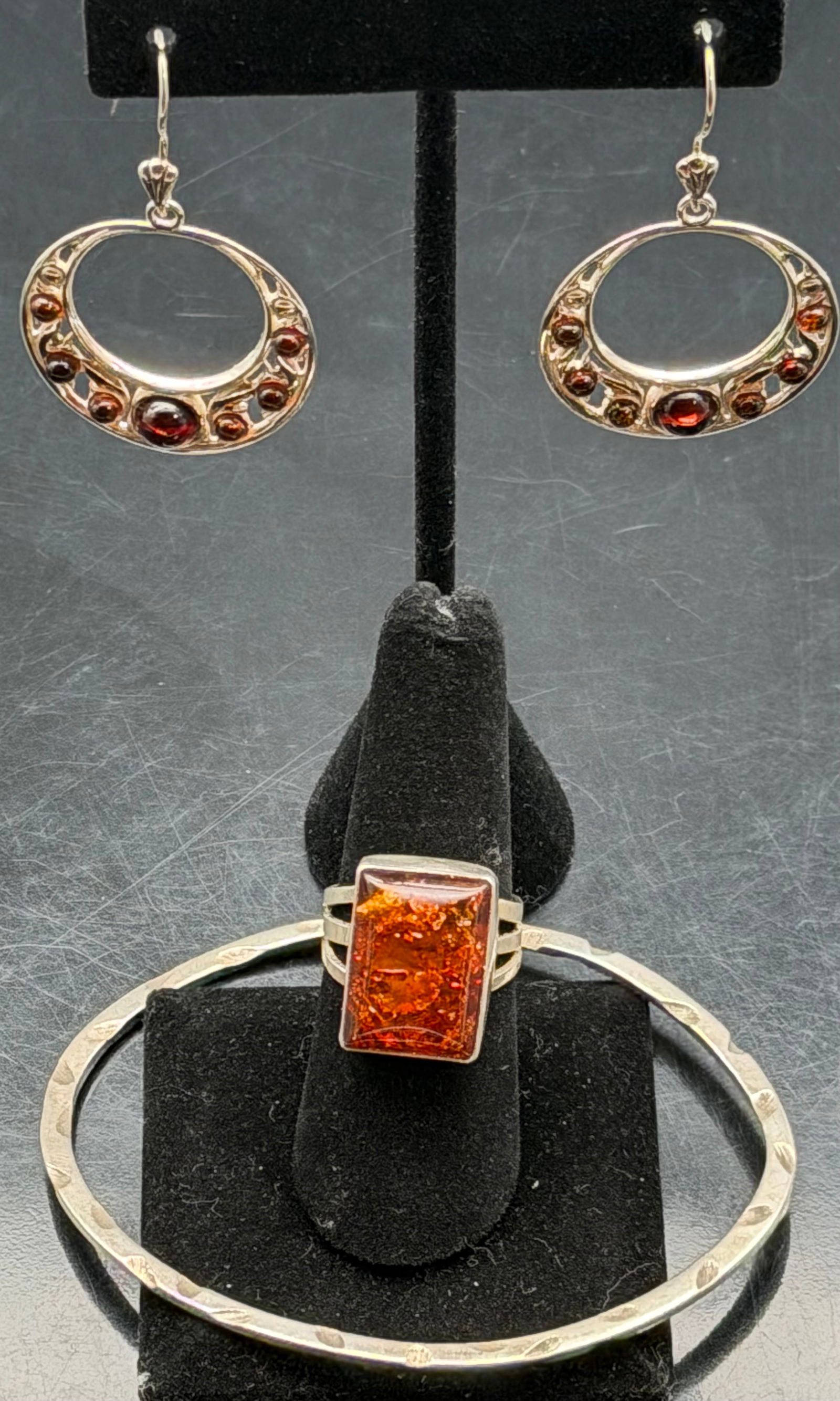 Sterling Silver Amber Ring Earrings Bracelet Set 22g (1 of 10)