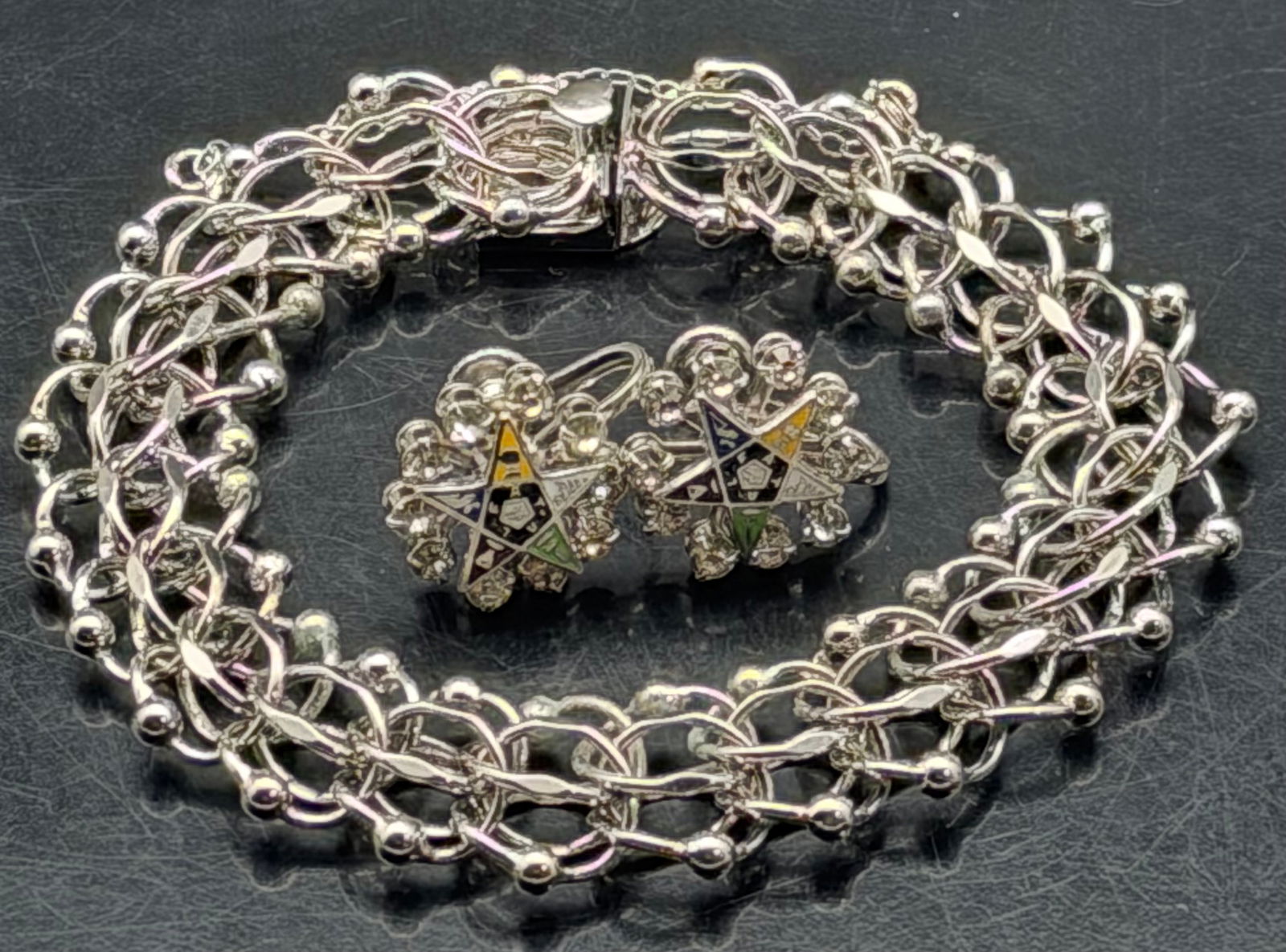 Vintage Elco Sterling Bracelet & Earrings Set 33g: Vintage matching bracelet and earrings set by Elco, crafted in sterling silver (925). Features a bold multi-link bracelet with secure box clasp and coordinating earrings with decorative enamel-style d