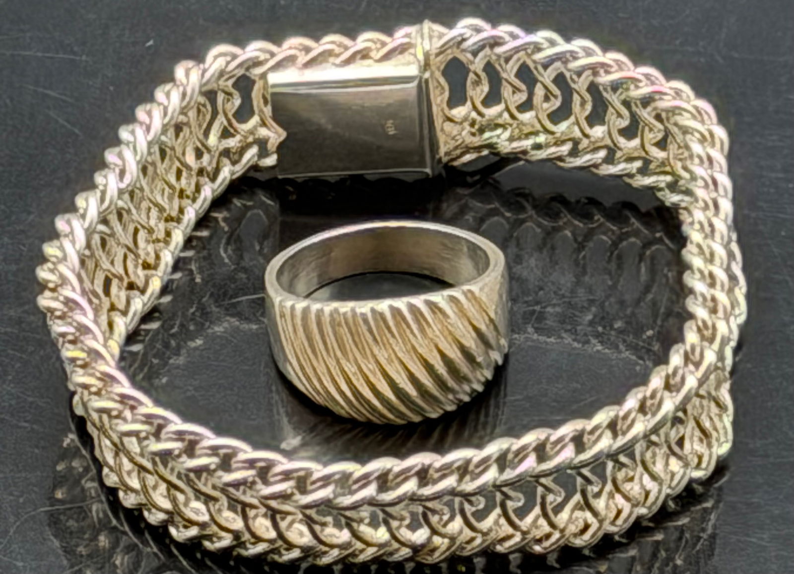 Sterling Silver Ring & Bracelet Set 925 37g: Vintage sterling silver ring and matching bracelet set, both stamped 925 (SXS maker’s mark). Features a bold textured band ring and a heavy woven link bracelet with secure clasp.