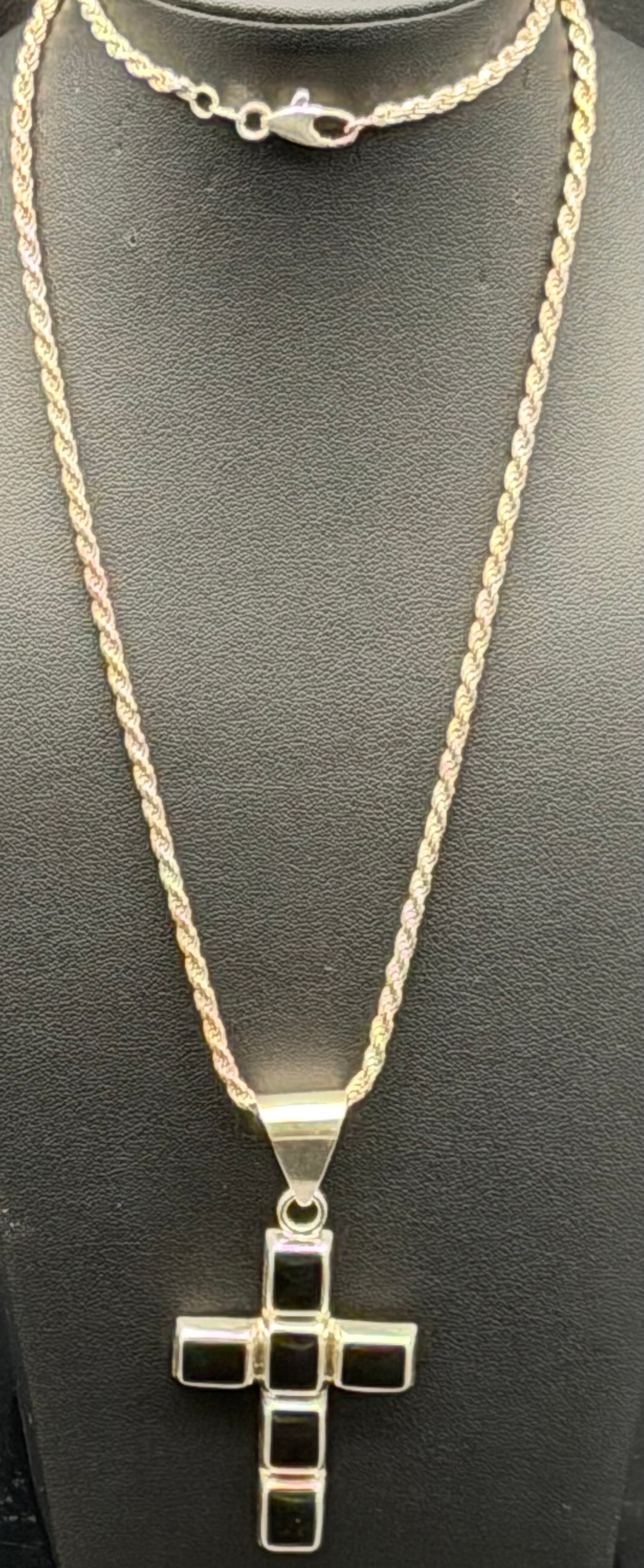 925 Sterling Cross Pendant Necklace + Earrings Set 54g: Sterling silver jewelry set including a bold cross pendant with matching chain and a pair of round disc earrings.