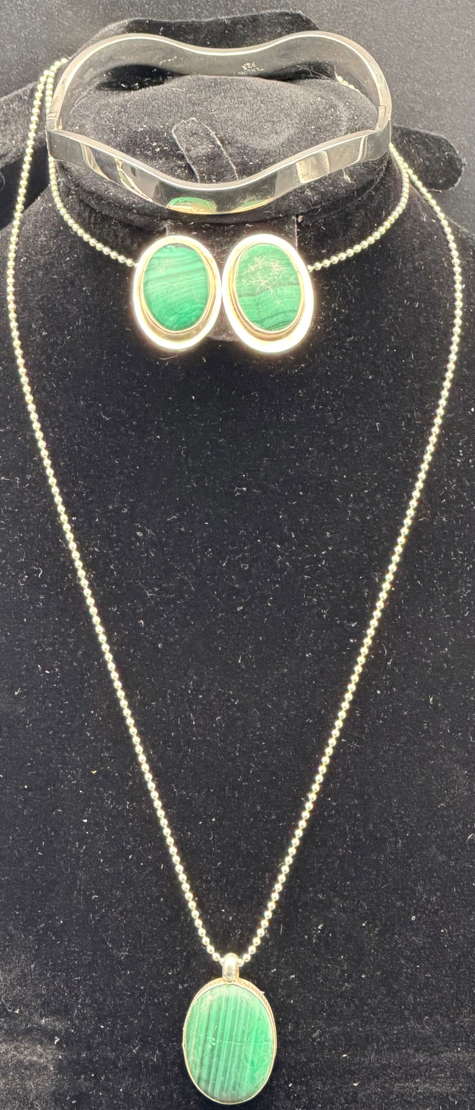 Sterling Silver 925 Malachite Set – Necklace, Earrings & Bracelet 46g (1 of 12)