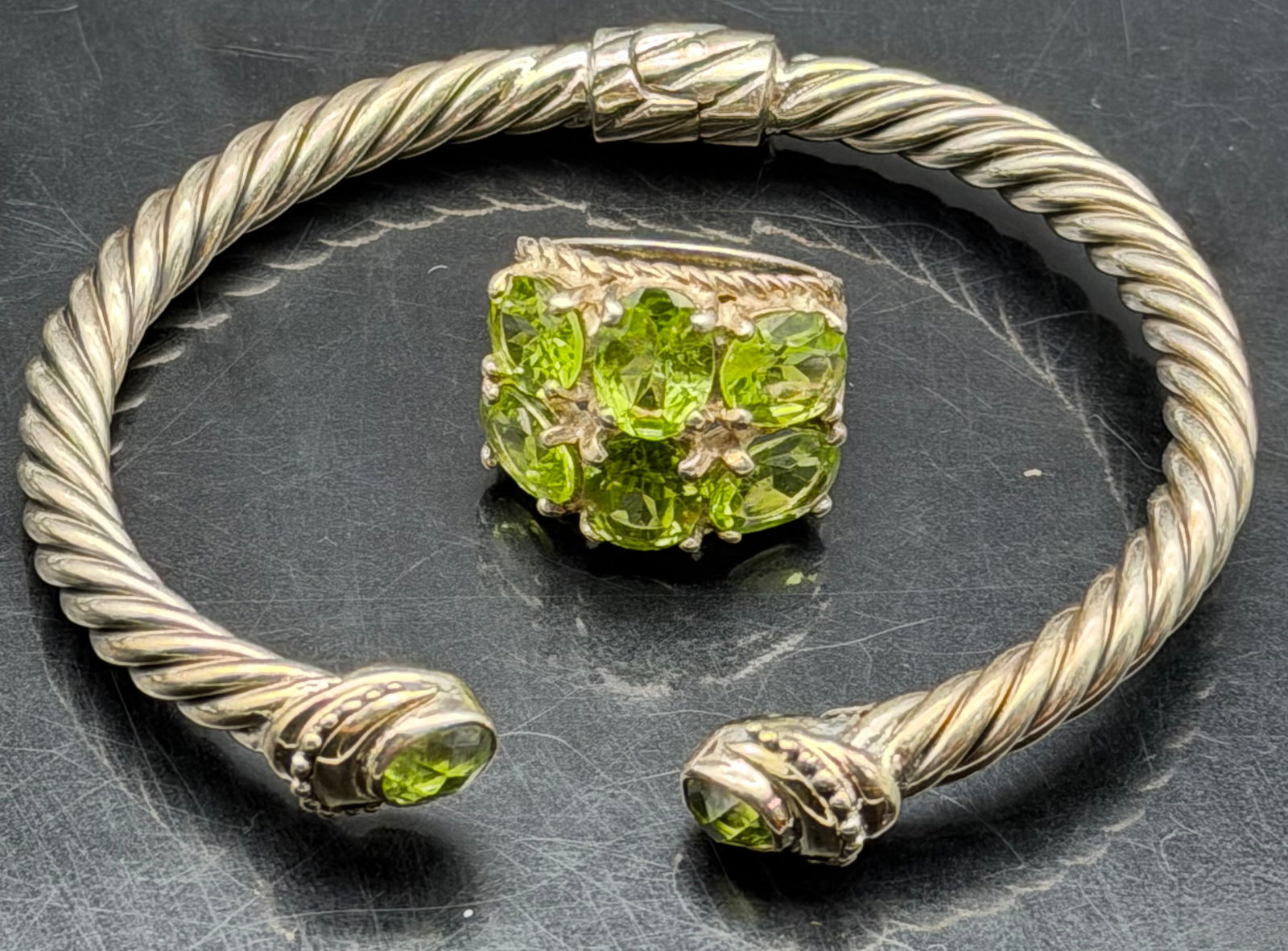 Beautiful Sterling Silver 925 Bracelet & Green Stone Ring Set 34g (1 of 10)