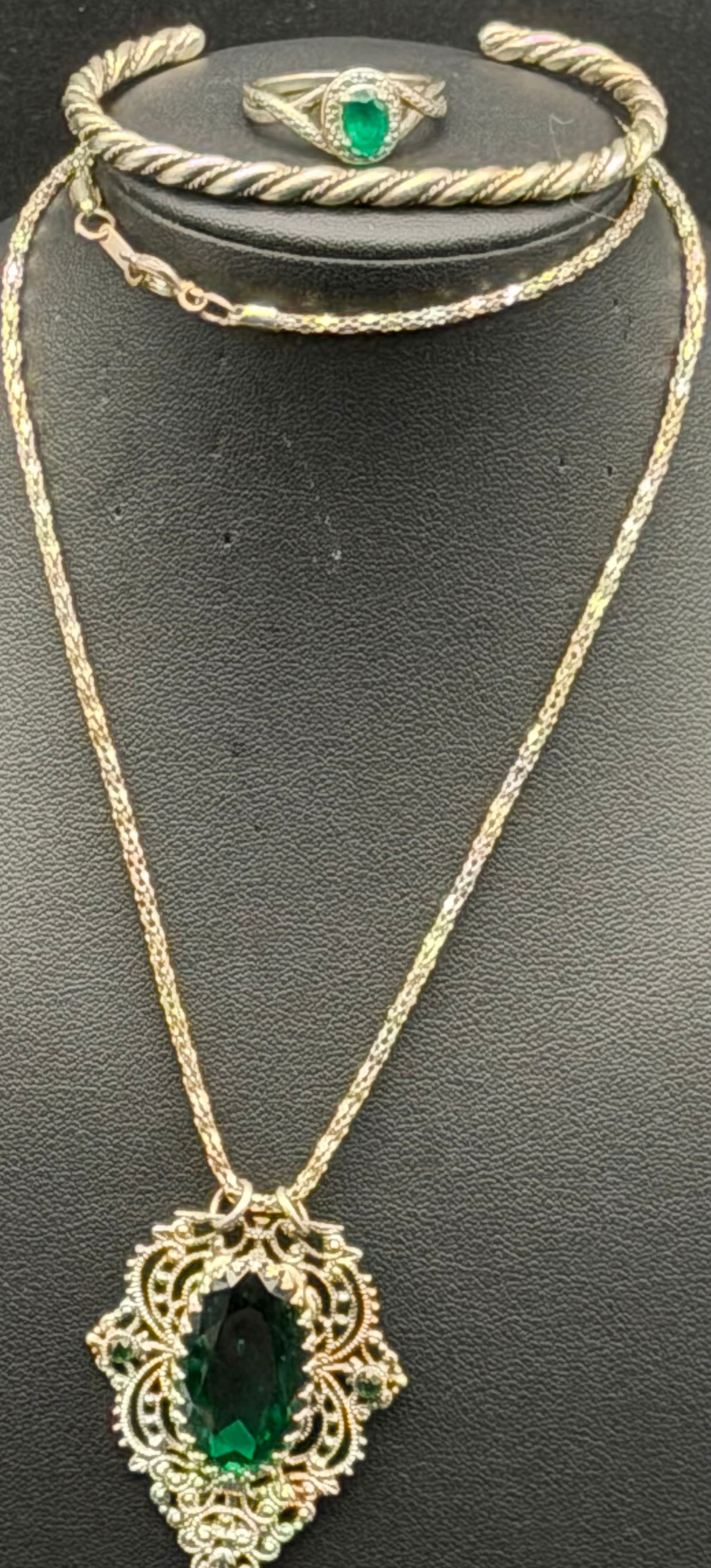 Sterling Silver Green Stone Necklace, Cuff Bracelet & Ring Set 26g: Vintage sterling silver jewelry set including an ornate filigree pendant necklace with large emerald-color center stone, matching green stone ring, and twisted cable cuff bracelet. All pieces appear t