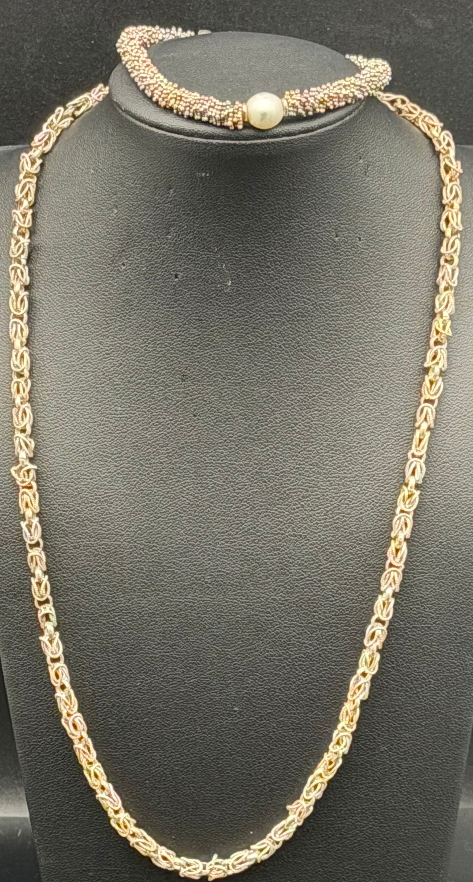 Sterling Silver Byzantine Chain Necklace & Beaded Bracelet Set 36g: Matching sterling silver jewelry set including a Byzantine-style link chain necklace and a textured beaded tube bracelet with round accent bead ends.