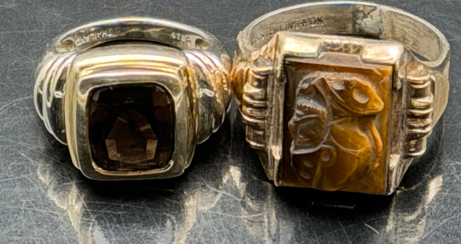 Vintage Sterling 925 Men’s Ring Lot – Smoky Quartz & Carved Tiger’s Eye – 17g (1 of 10)