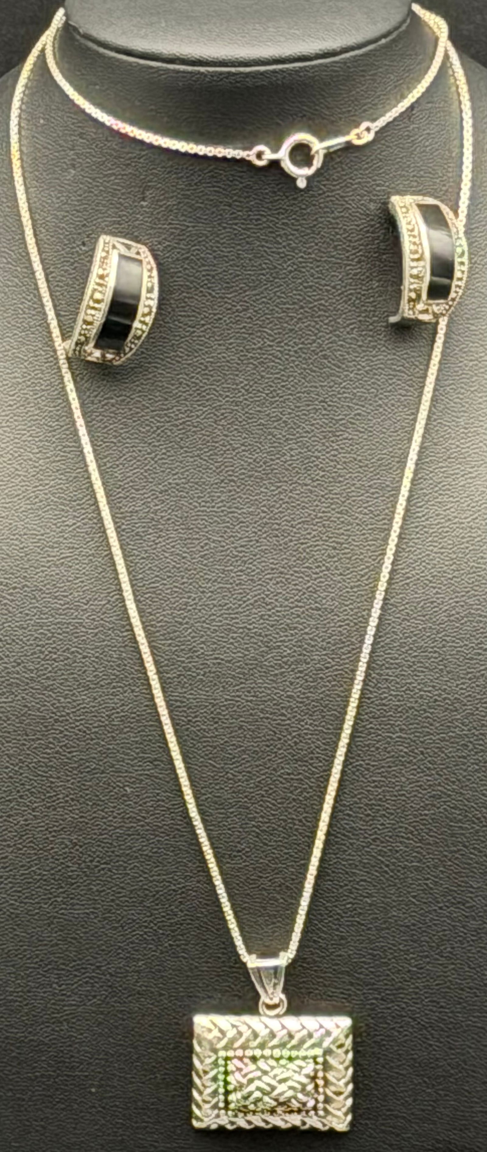 Sterling Silver 925 Italy Necklace & Earrings Set Black Inlay-18g (1 of 6)