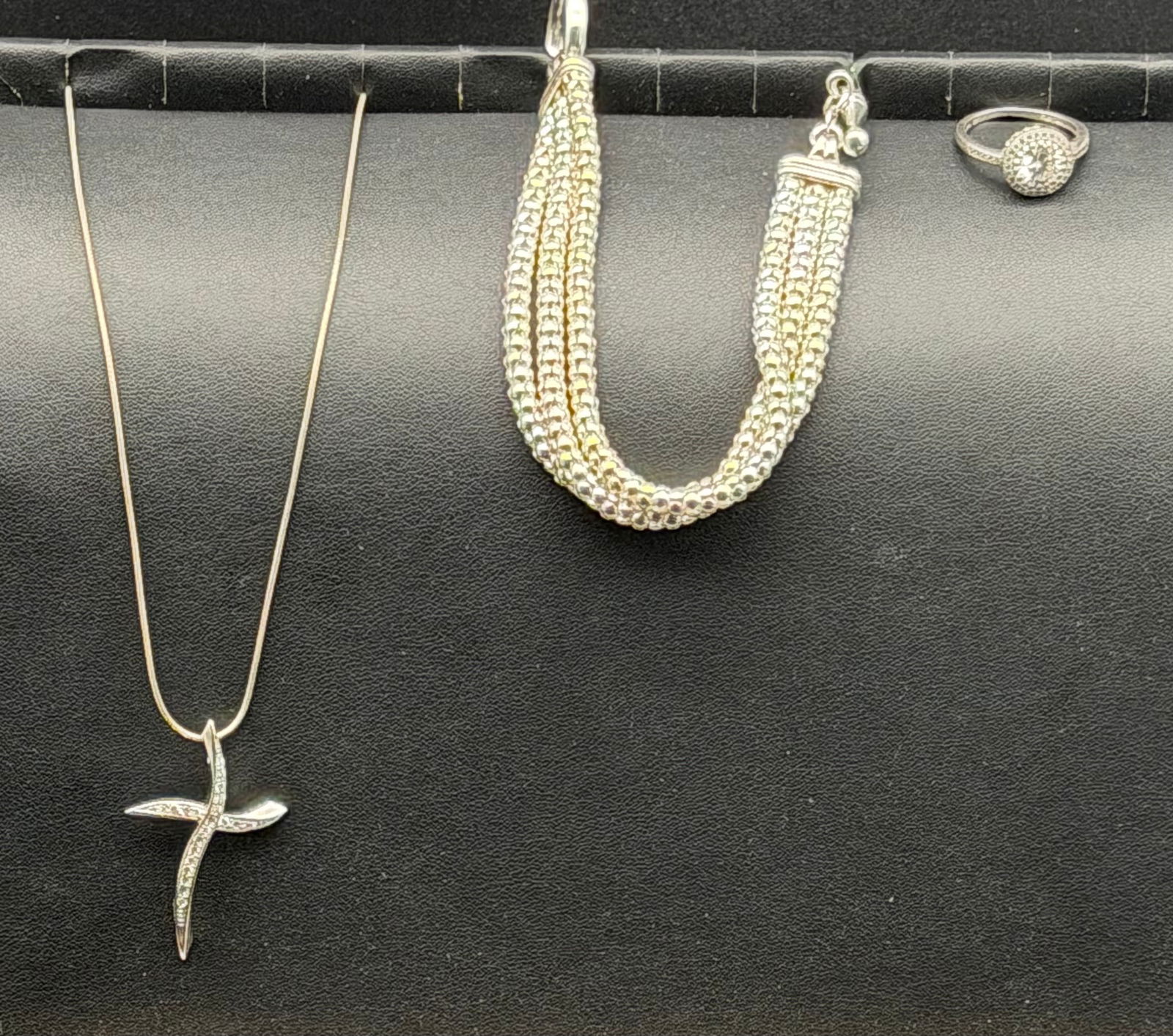 Vintage 925 Sterling Silver Necklace Bracelet Ring Set 29g: Matching sterling silver jewelry set including necklace with cross pendant, multi-strand beaded bracelet, and ring. All pieces are marked ERLING 925 for solid sterling silver. Classic textured bead de