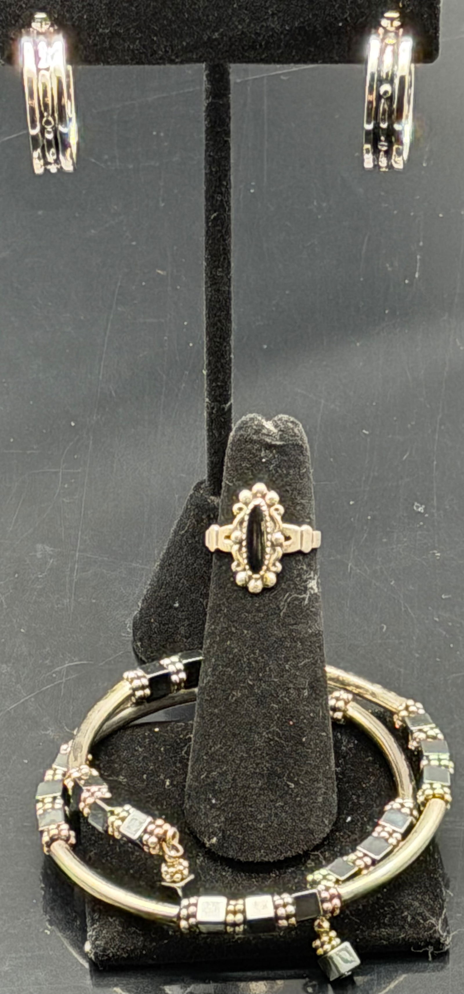 Sterling Silver Black Bead Bracelet Ring Earrings Set 34g (1 of 11)