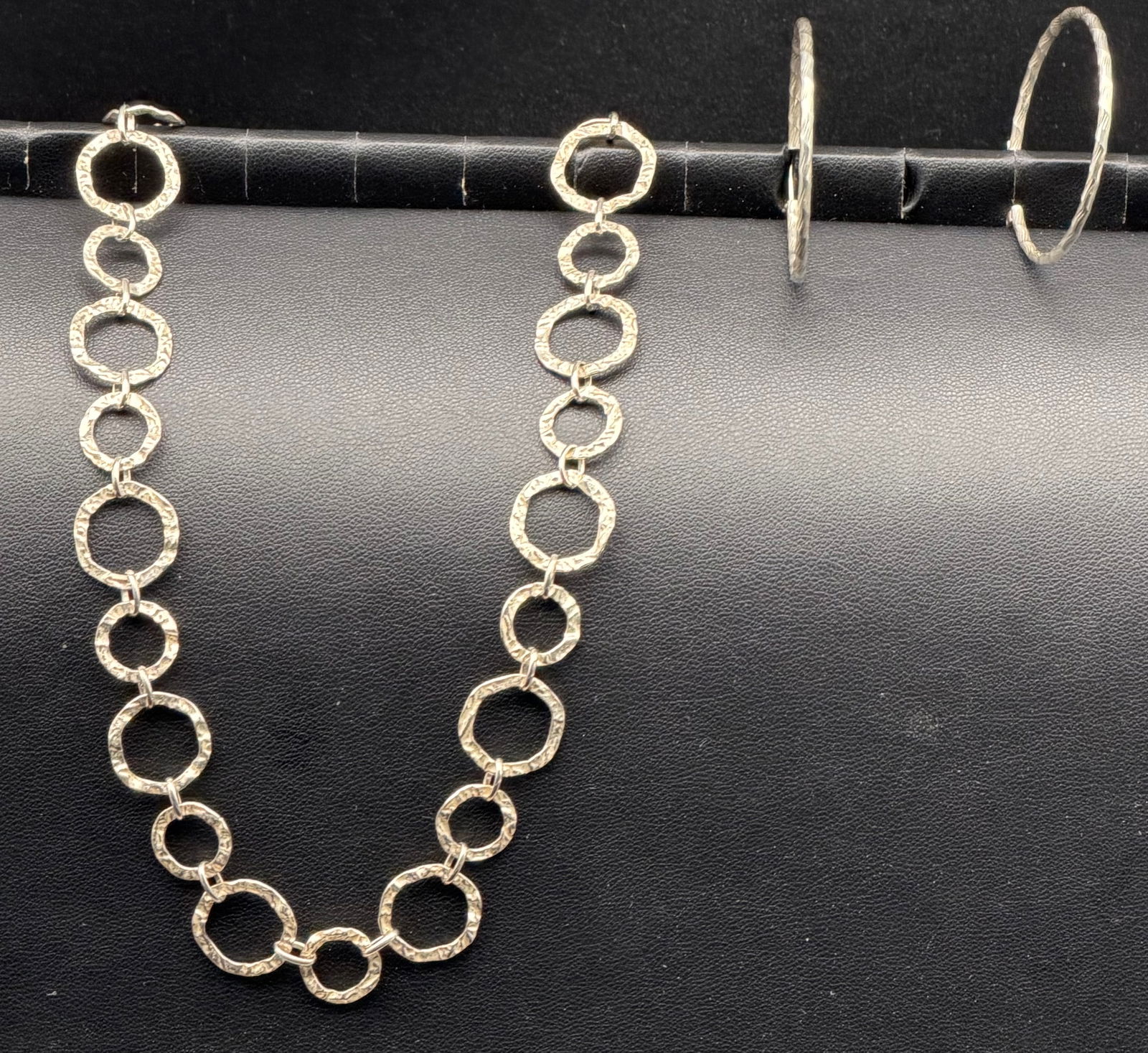 Vintage 925 Sterling Silver Hammered Circle Link Necklace & Earrings Set 22g (1 of 8)