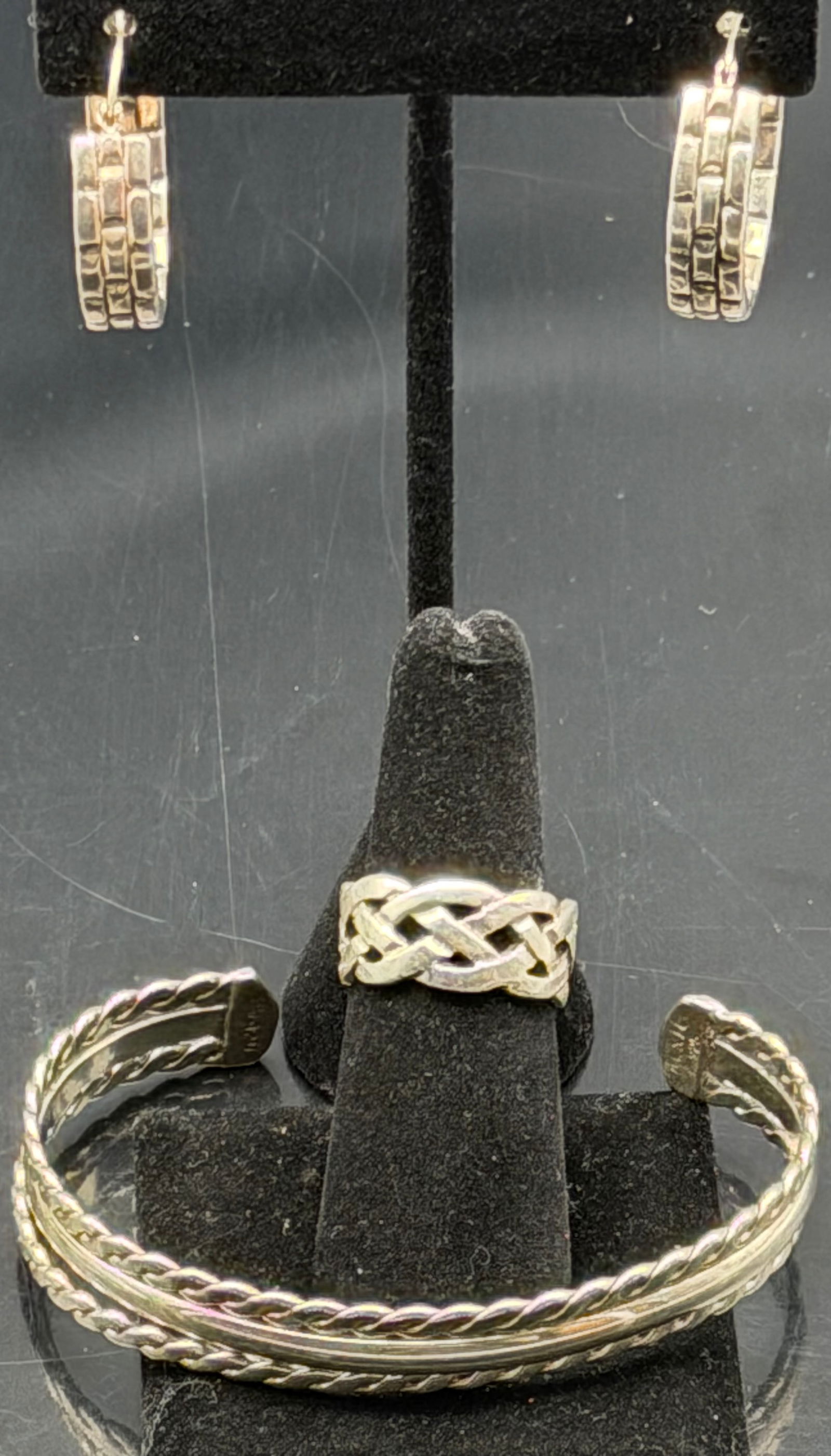 Sterling Silver 925 Braided Cuff Bracelet Ring Earrings Set 32g (1 of 14)