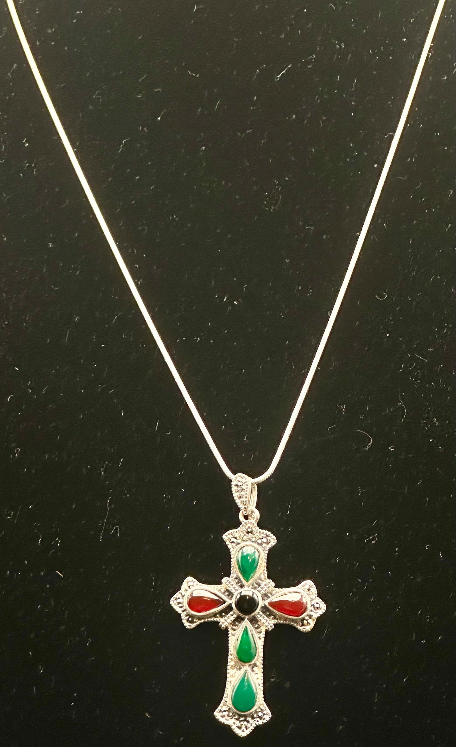 Sterling Silver 925 Multi-Stone Jerusalem Style Cross Pendant Necklace: Sterling silver cross pendant necklace marked 925, featuring green, red, and black cabochon stones in an ornate Jerusalem style design. Total weight approximately 13 grams. Good wearable vintage condi