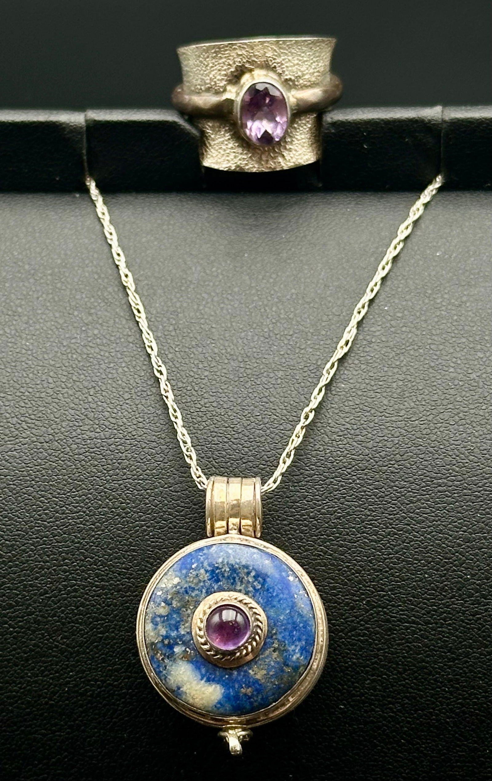 Sterling Silver Lapis Lazuli & Amethyst Hinged Prayer Box Pendant Necklace (1 of 16)