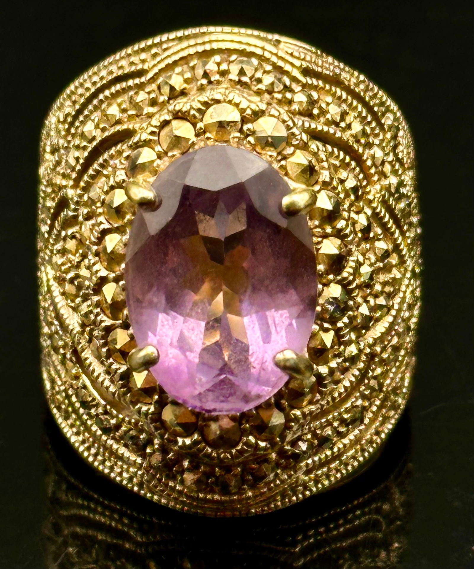 Vintage Style 925 Sterling Gold Tone Pink Stone Statement Ring (1 of 8)