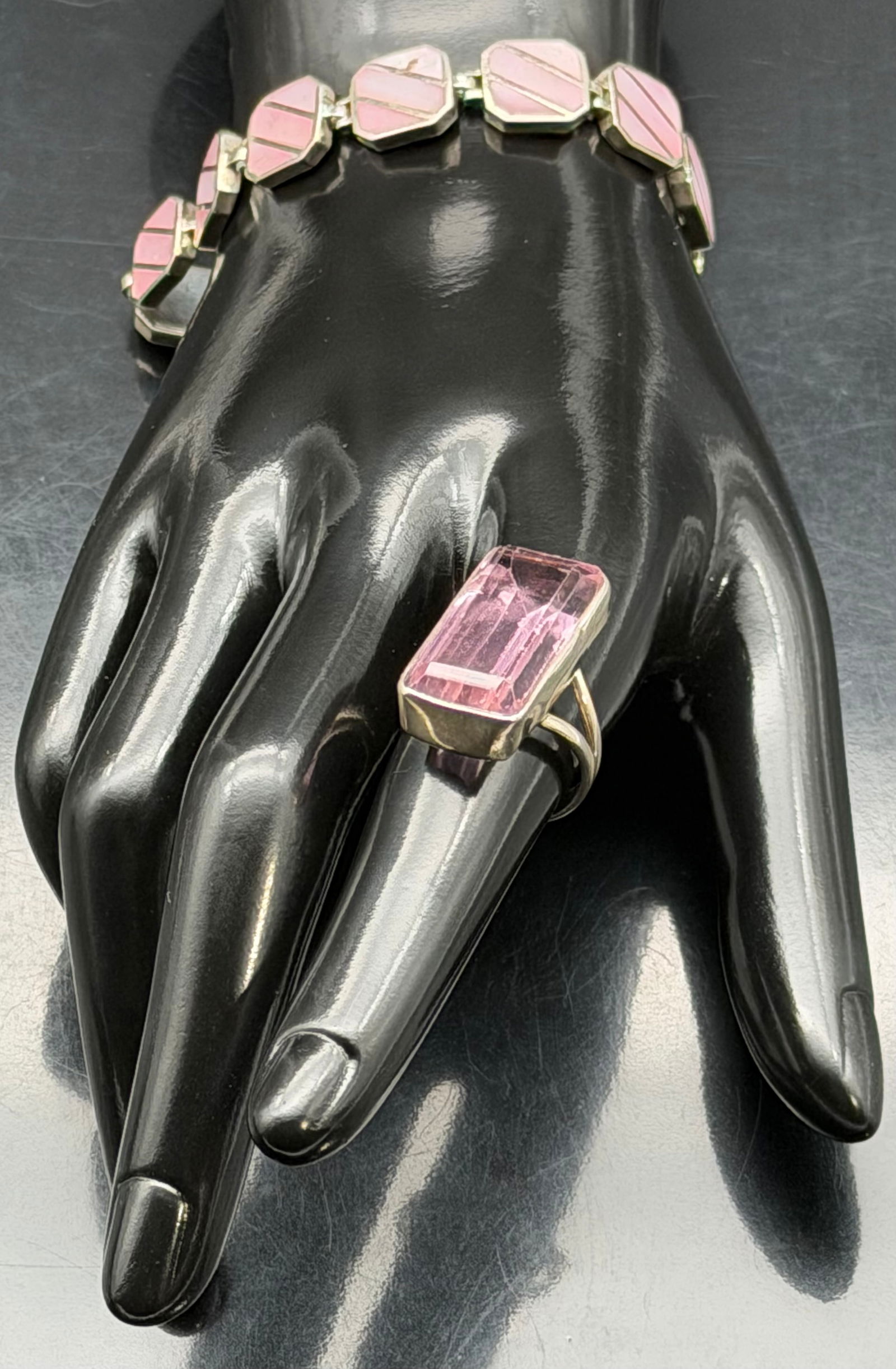 Beautiful 925 Sterling Silver Pink Enamel Bracelet & Pink Stone Ring Set 32g: Stylish sterling silver jewelry set including a pink enamel panel link bracelet and a bold emerald-cut pink statement ring. Both pieces are marked 925 sterling silver. Bracelet features geometric enam