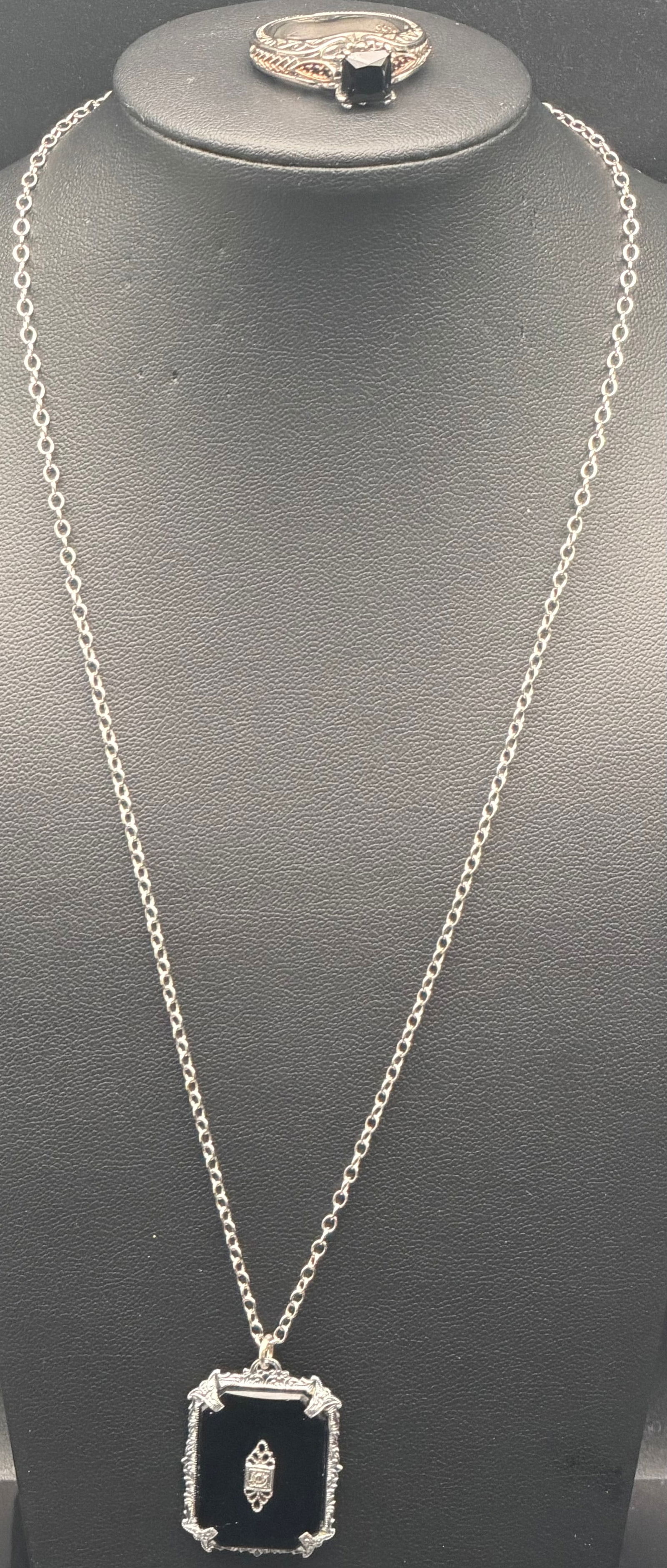 Vintage Style Sterling Silver 925 Black Stone Pendant Necklace & Ring Set 12g (1 of 9)