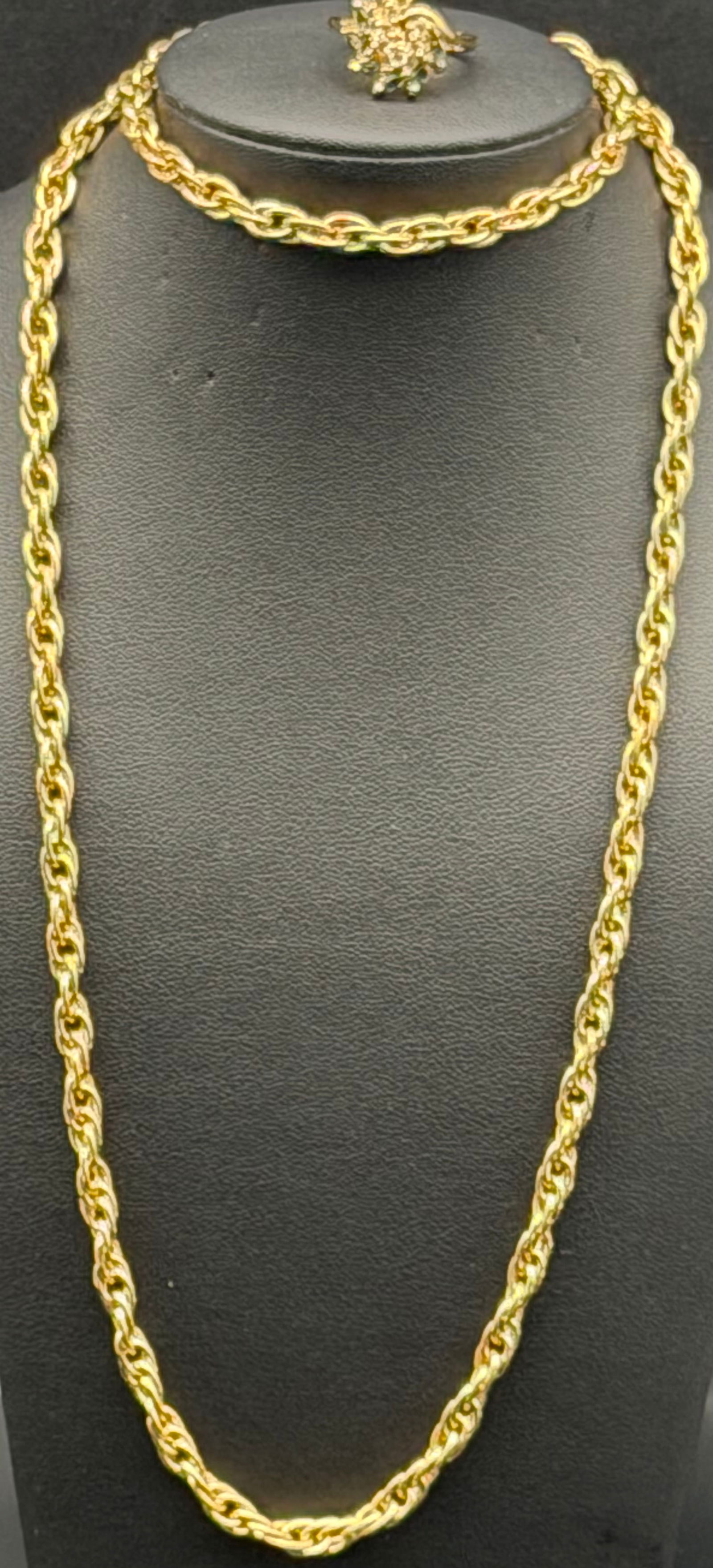 Gold Tone Rope Chain Necklace & Cluster Stone Ring Set 34g: Matching gold-tone jewelry set including a heavy rope chain necklace and a multi-stone cluster ring. Bright polished finish with a thick twisted rope link chain and a raised statement ring set with mi