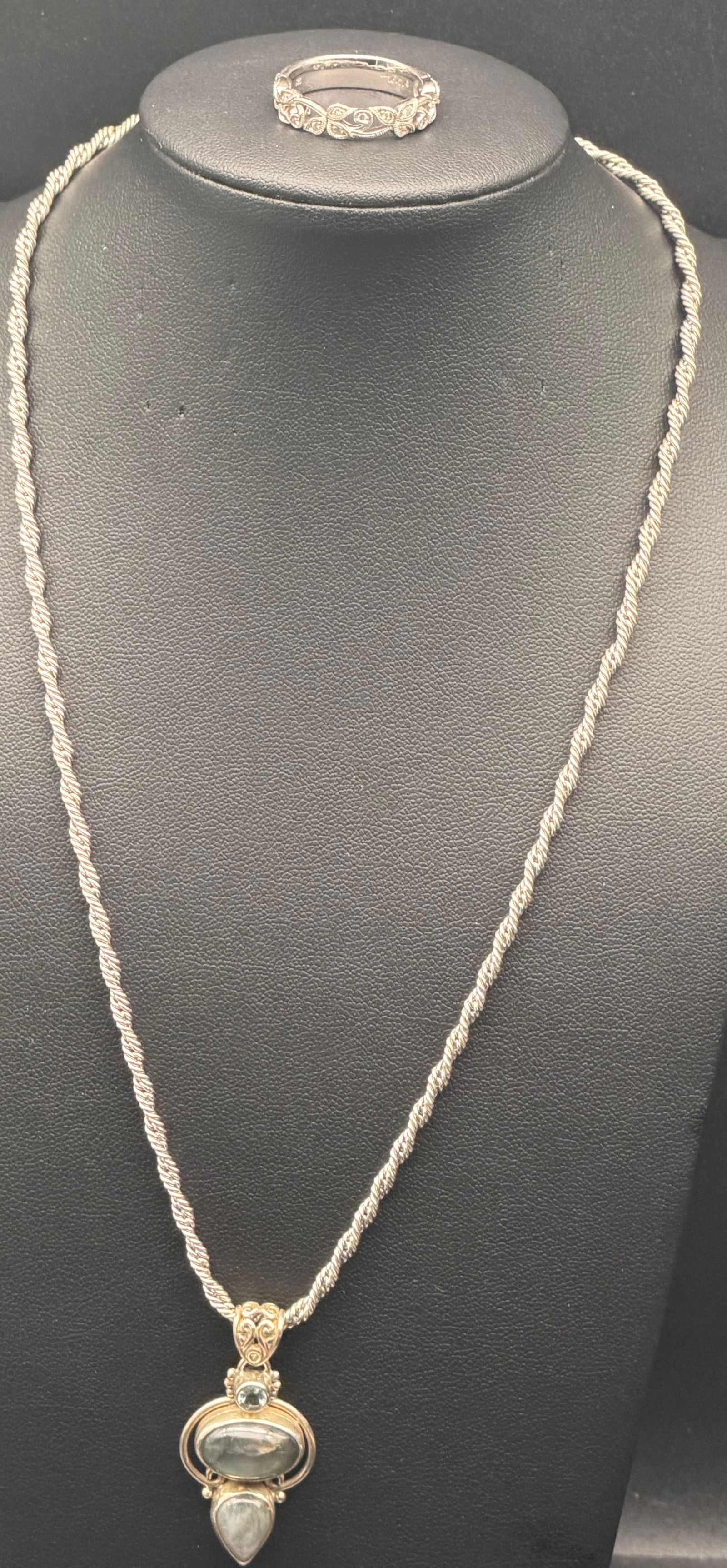 Vintage Sterling Silver 925 Rope Necklace w/ Stone Pendant & Band Ring Set 20g (1 of 9)