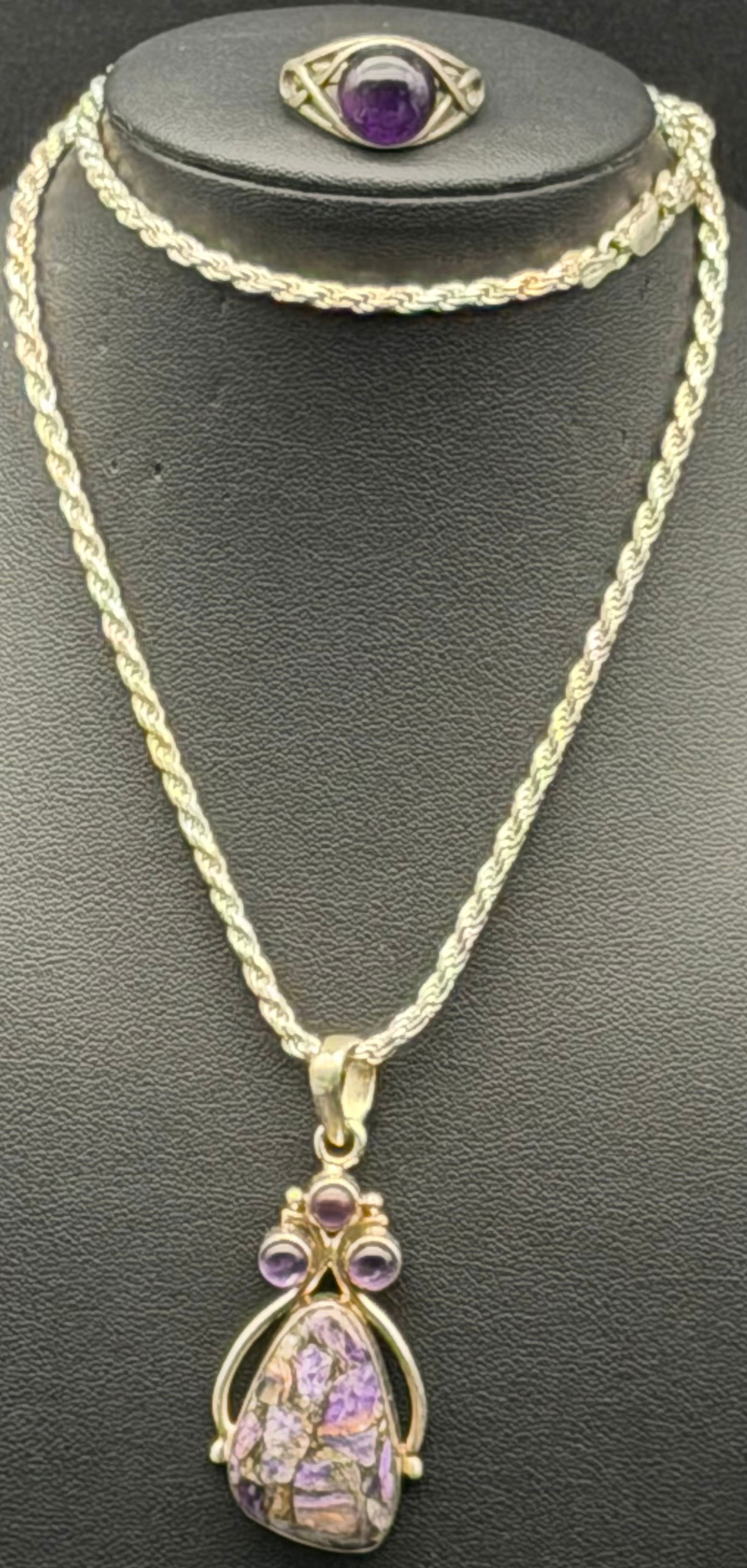 Italian 925 Sterling Silver Purple Stone Necklace & Ring Set 26g (1 of 12)