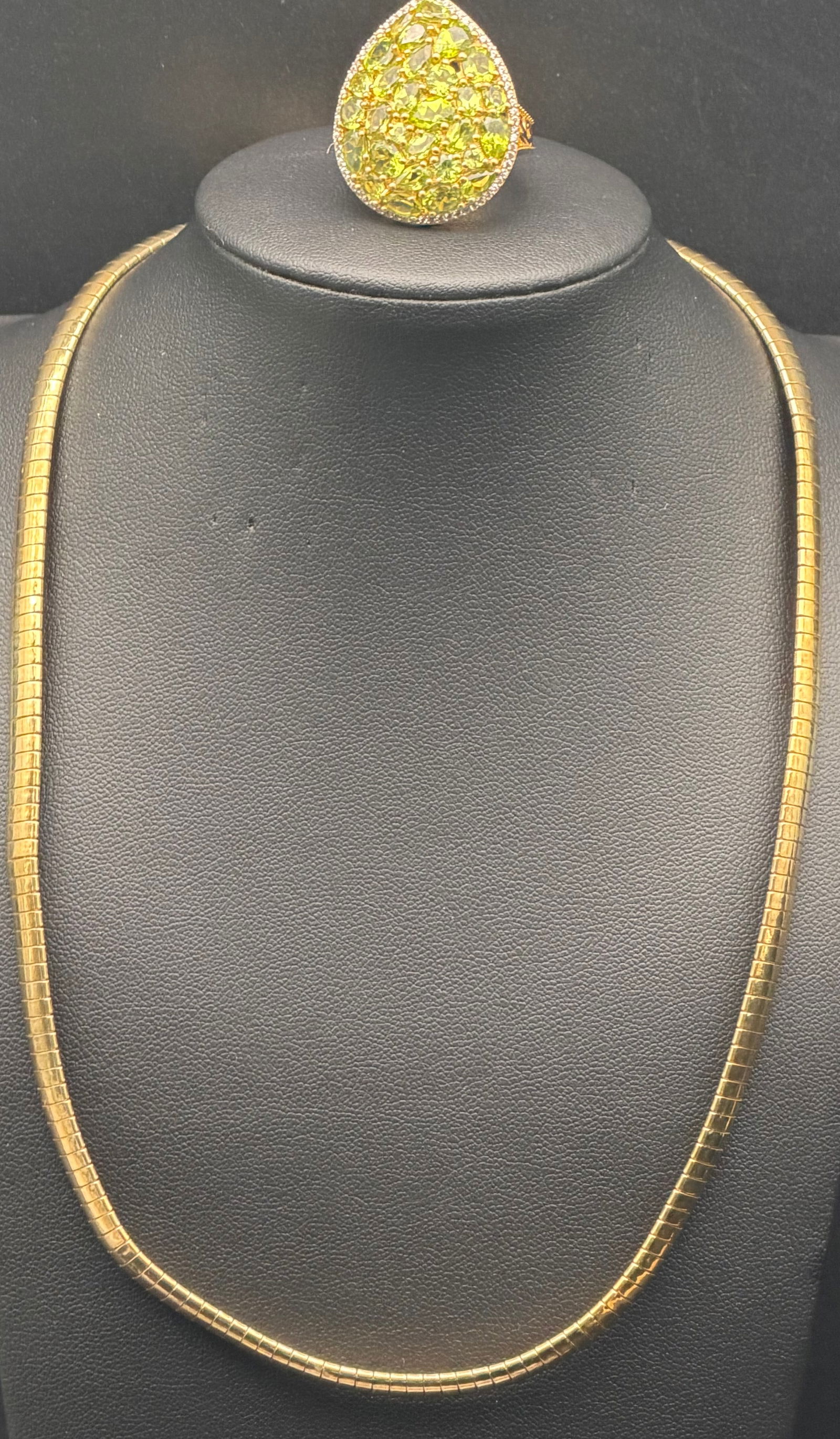 DJOY 925 Sterling Gold Tone Necklace & Lime Stone Ring Set 34g: Beautiful DJOY brand sterling silver jewelry set including gold-tone snake chain necklace and large statement ring. Ring is marked DJOY 925. Features a bold pear-shape top with clustered lime/yellow s