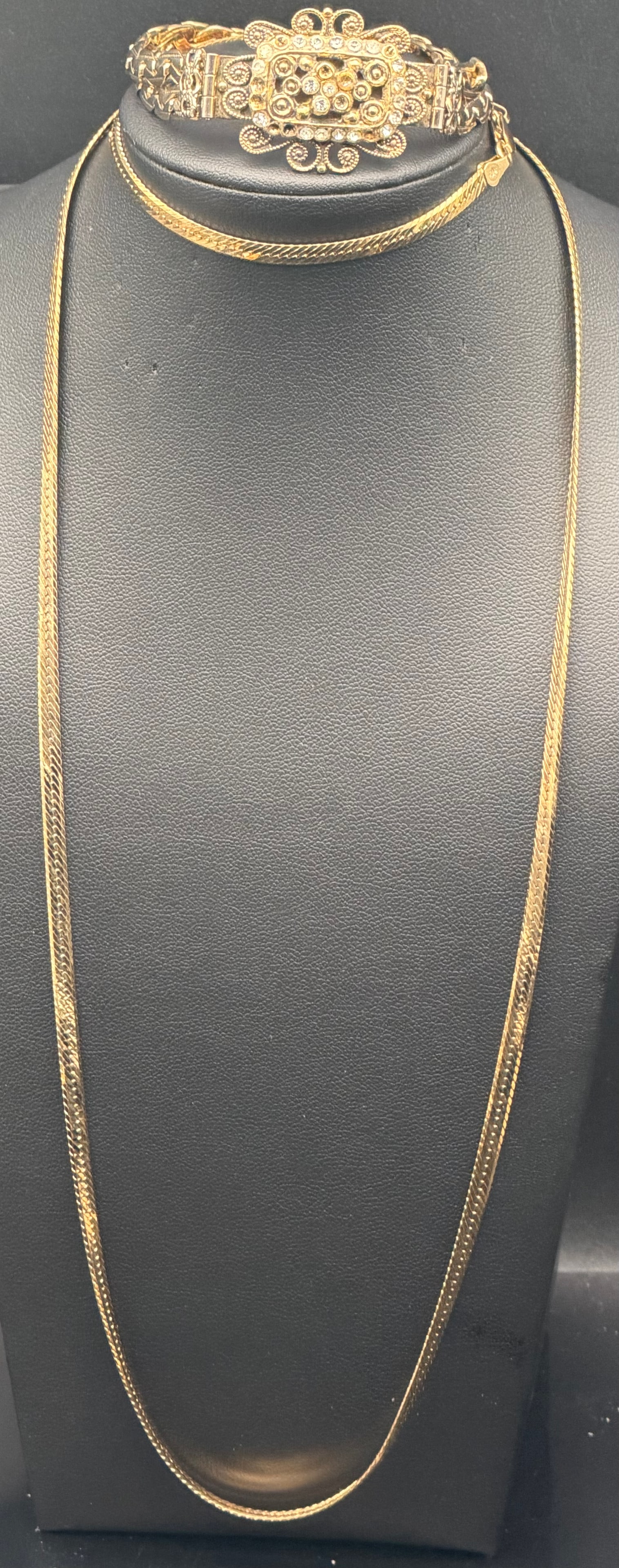 Sterling Silver 925 Gold Tone Necklace & Filigree Bracelet Set 42g: Beautiful sterling silver jewelry set with gold-tone finish, including a long herringbone/snake style necklace and ornate filigree link bracelet with decorative centerpiece. Clasp is marked 925. Class