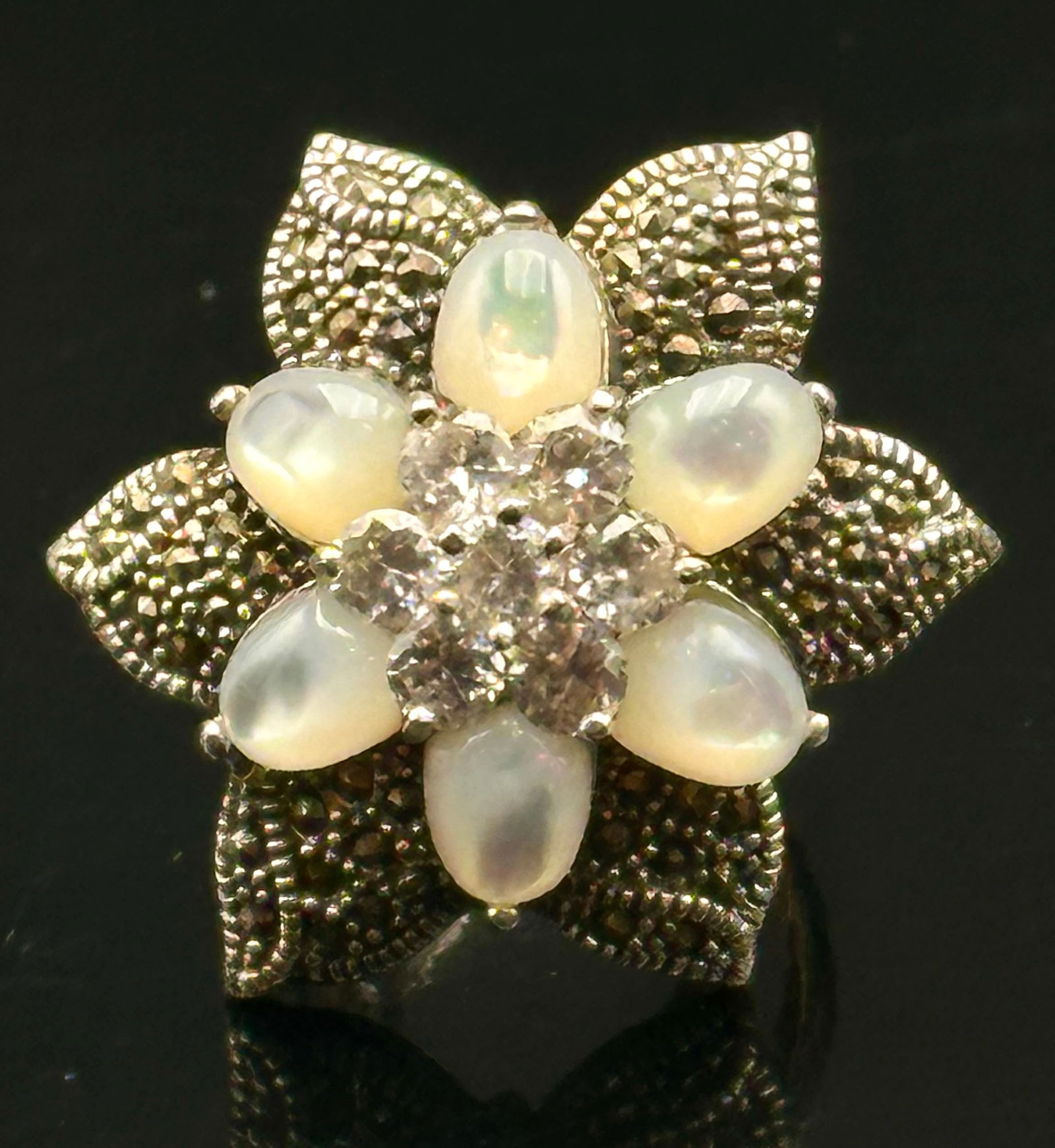 Sterling Silver 925 EAS Floral Opalite & CZ Cluster Ring 15g (1 of 7)