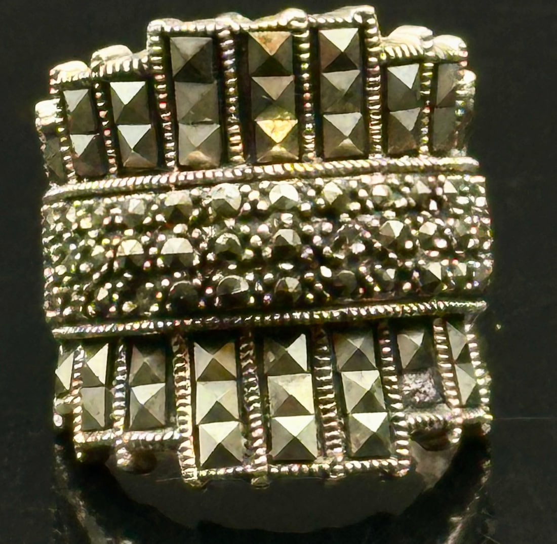 Sterling Silver 925 Marcasite Tiered Statement Band Ring 10g (1 of 9)