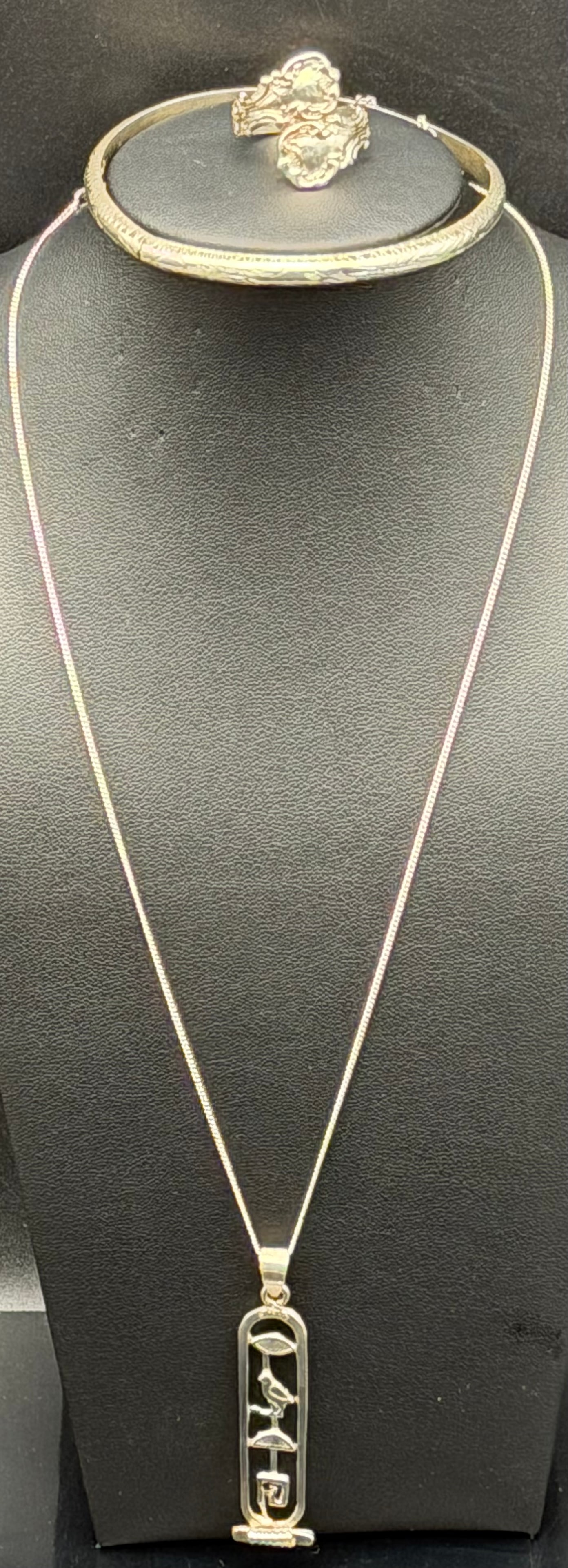 Sterling Silver 925 Egyptian Revival Pendant Necklace & Ring Set 18g (1 of 14)