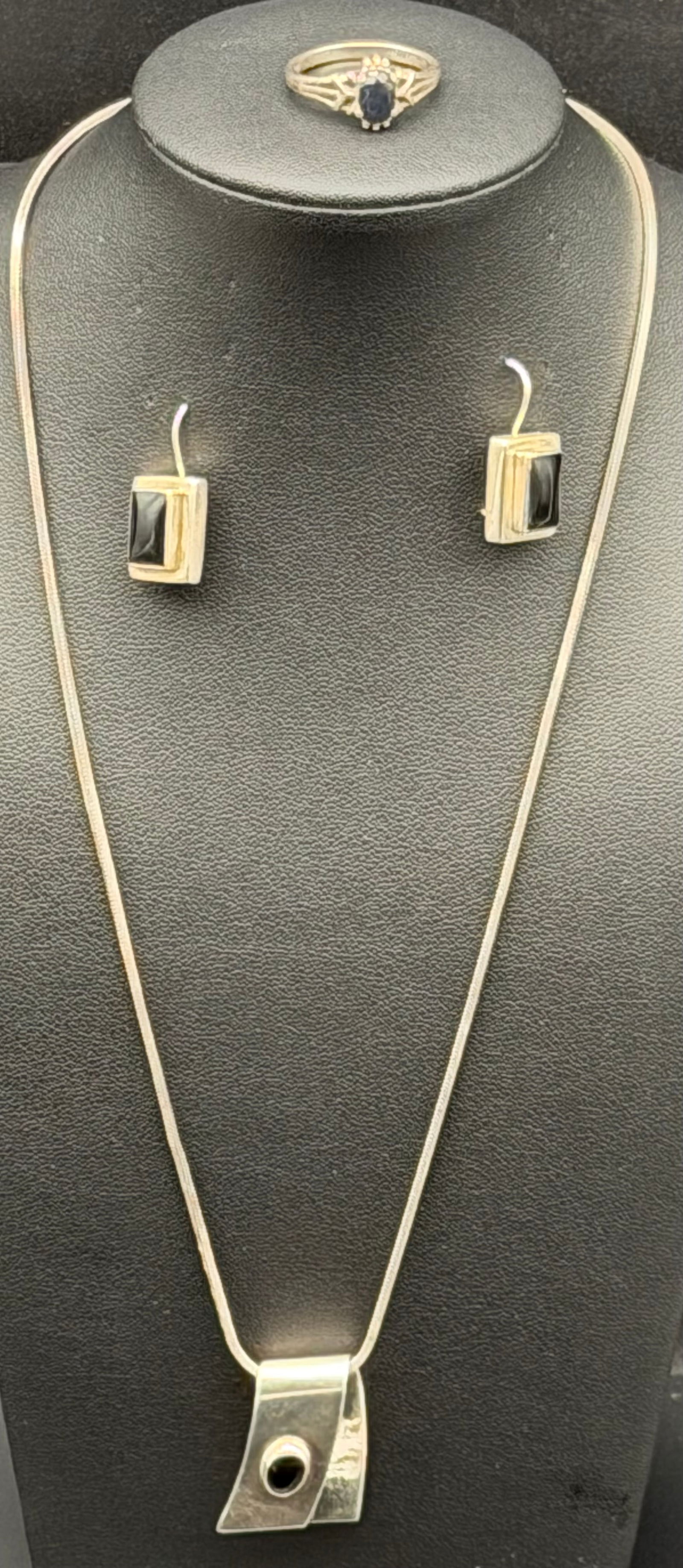 Sterling Silver 925 Black Onyx Set Necklace Earrings Ring 23g (1 of 13)