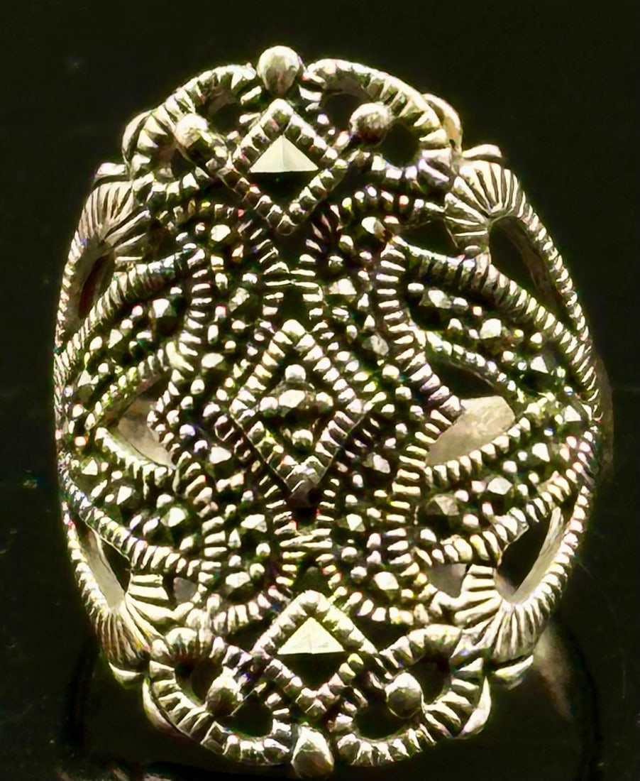 Vintage 925 Sterling Silver Marcasite Filigree Ring 6g (1 of 9)