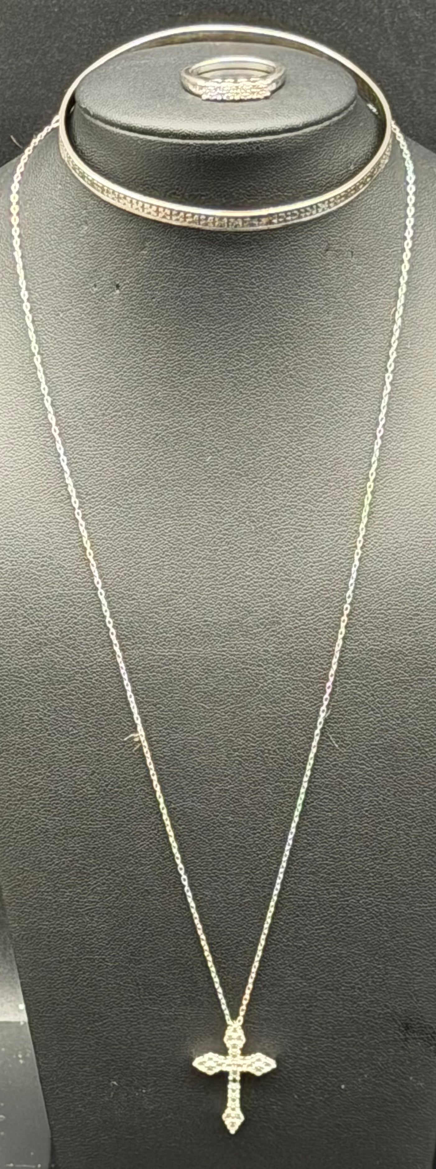 Sterling Silver 925 Cross Necklace Bracelet Ring Set SUN Marked 16g: Matching sterling silver jewelry set including necklace with cross pendant, bracelet, and ring. All pieces are stamped STERLING / SUN 925, confirming solid sterling silver. Features a detailed cross p