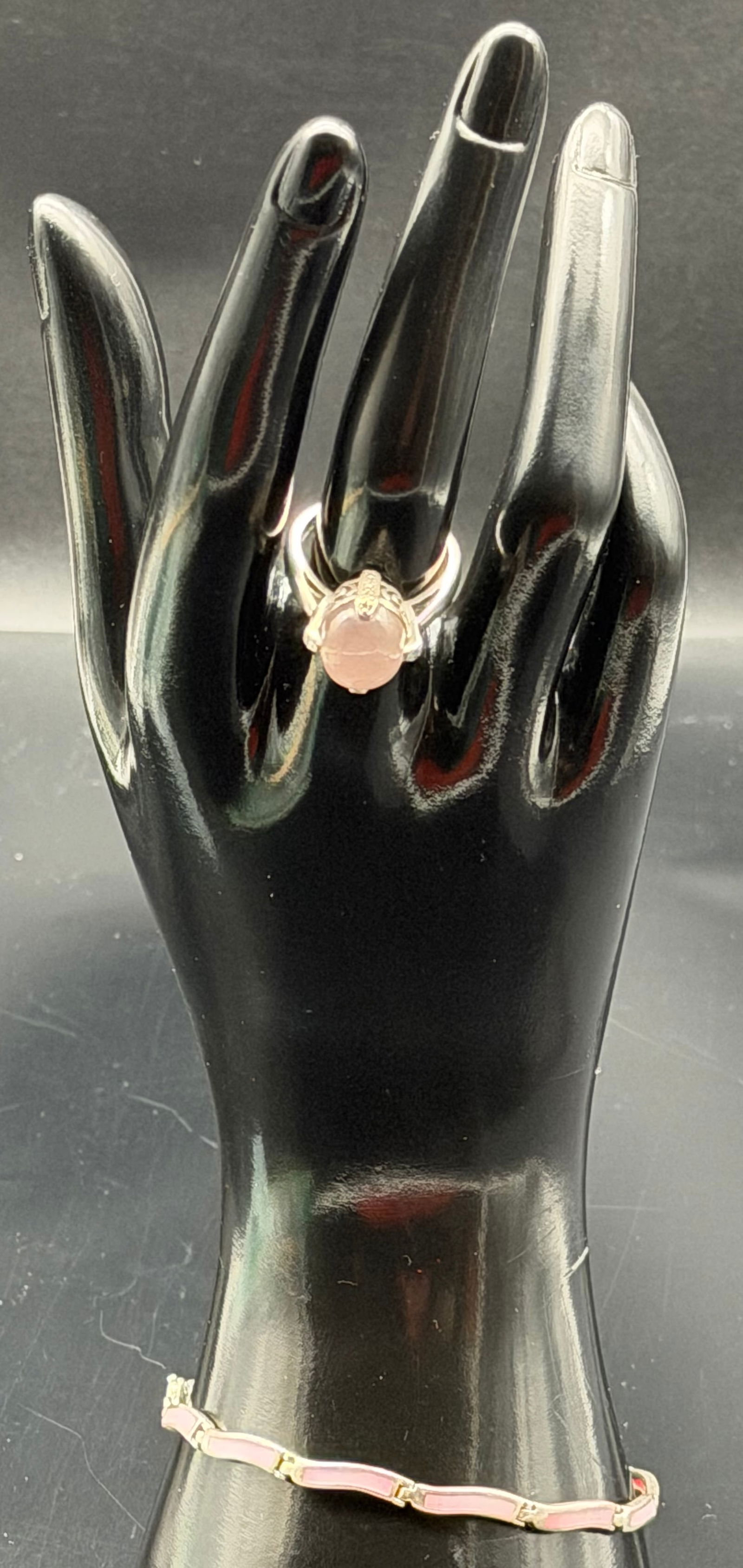 Sterling Silver 925 Pink Inlay Necklace Ring Set 12g: Pretty sterling silver jewelry set featuring a pink inlay link necklace and matching pink cabochon ring. Both pieces are stamped 925 for solid sterling silver. The necklace has rectangular pink panels