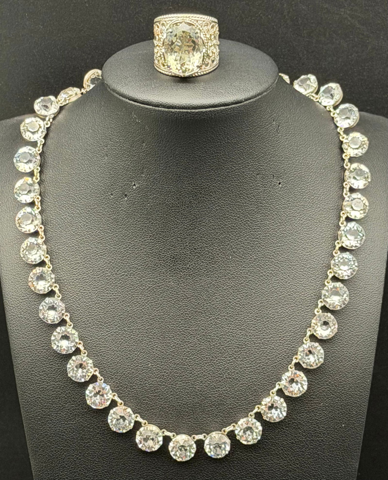 Vintage Sterling Silver 925 Crystal Tennis Necklace & Statement Ring Set – 39g (1 of 11)