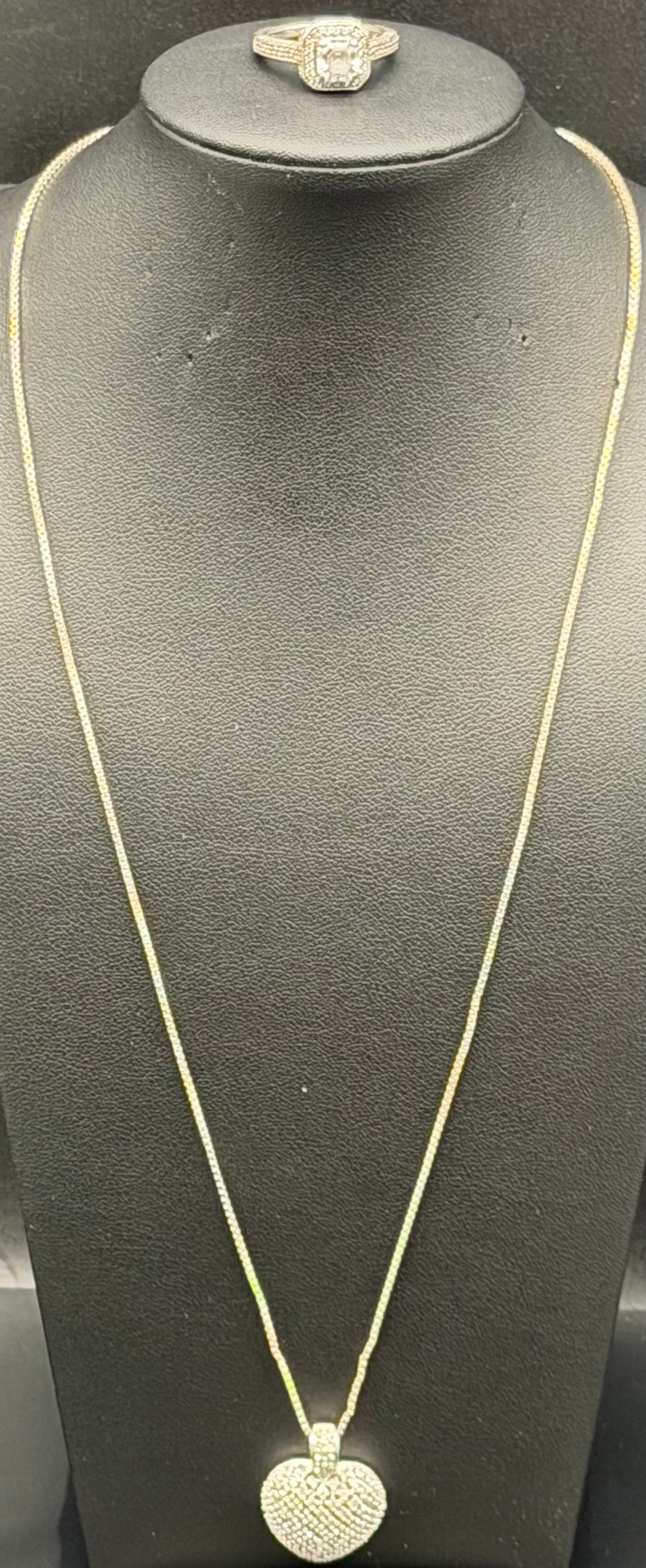 Sterling Silver 925 Heart Pendant Necklace & Ring Set – CZ Pavé – 13g (1 of 10)