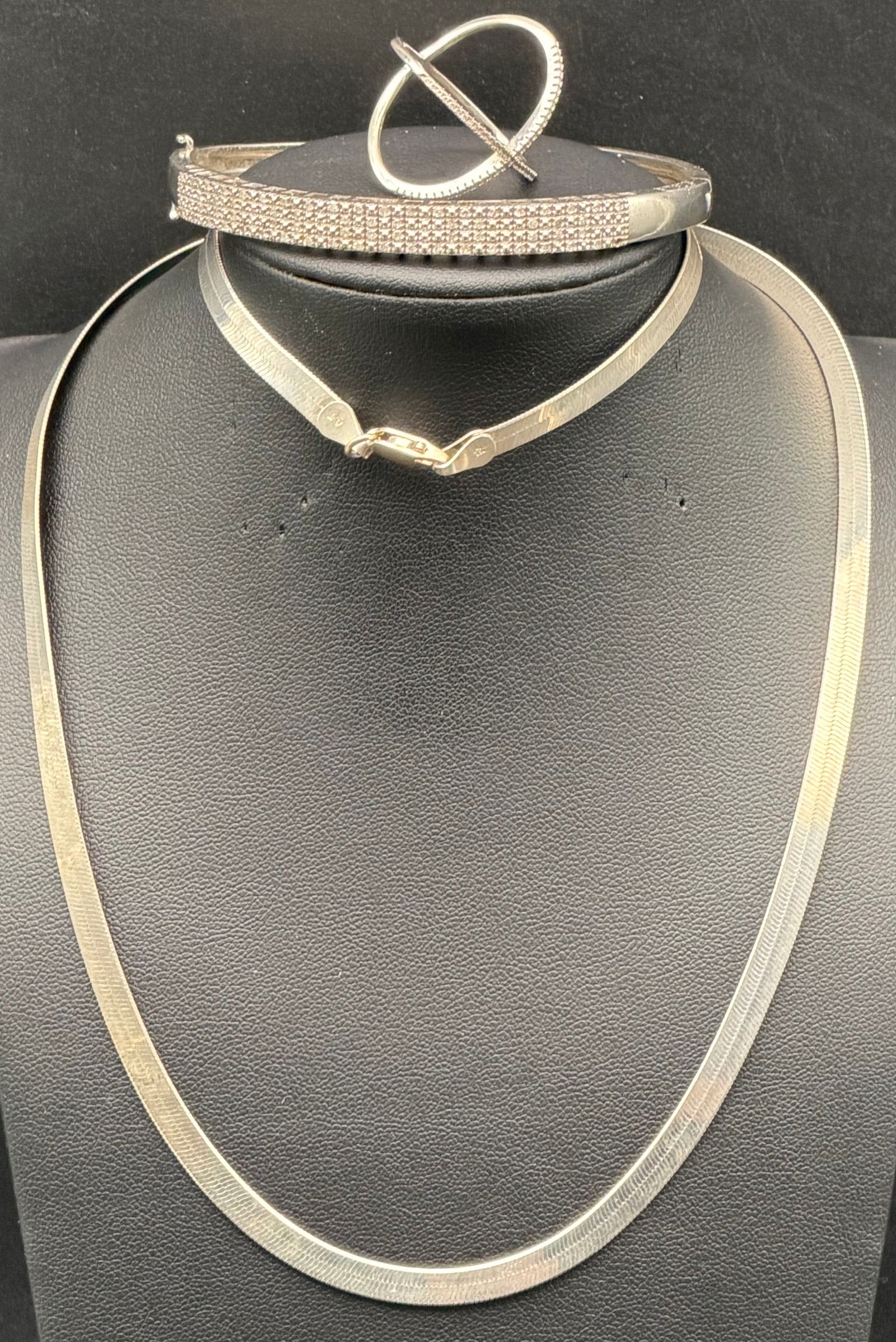 925 Sterling Silver Necklace Bracelet Ring Set CZ Pave 33g (1 of 13)