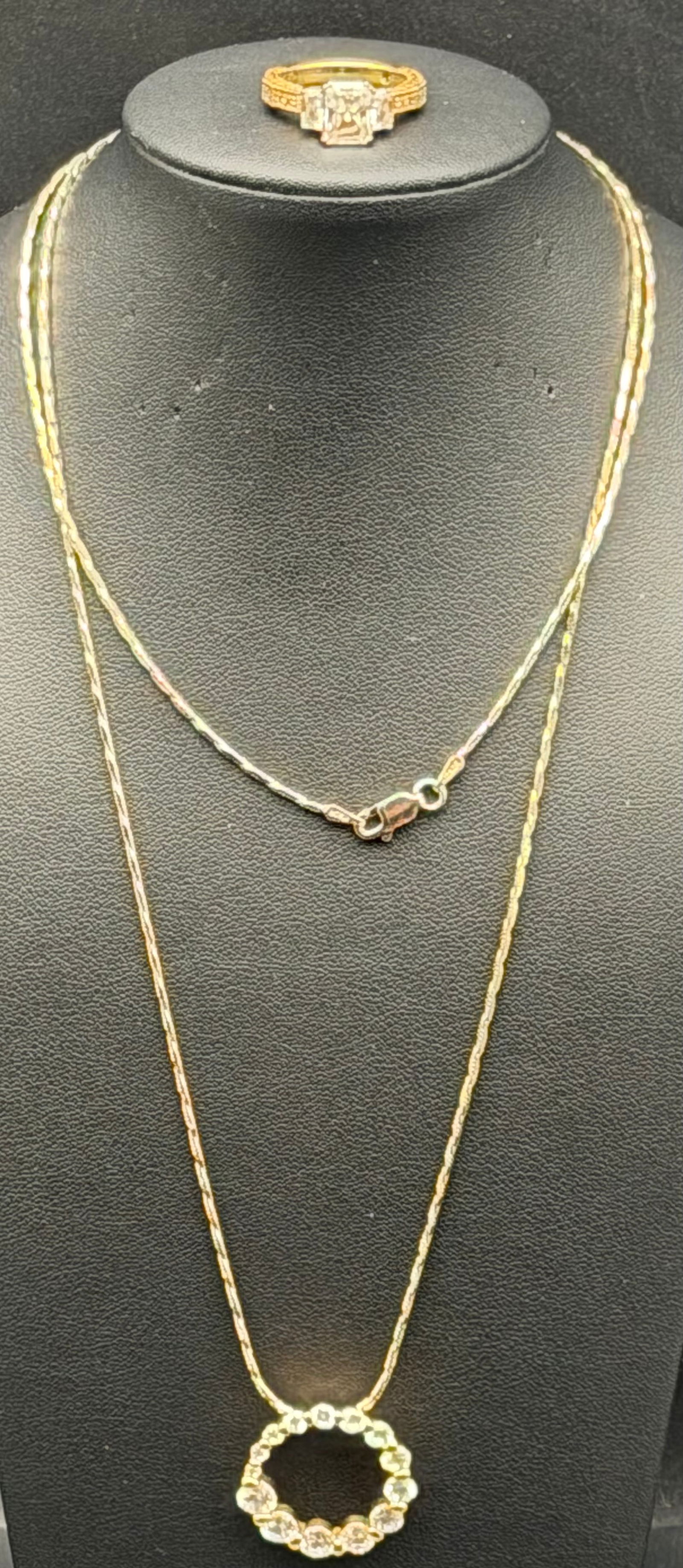 Vintage str silver Gold Tone Necklace &Sterling Silver Gold Tone Ring Circle CZ Pendant – 16g (1 of 10)