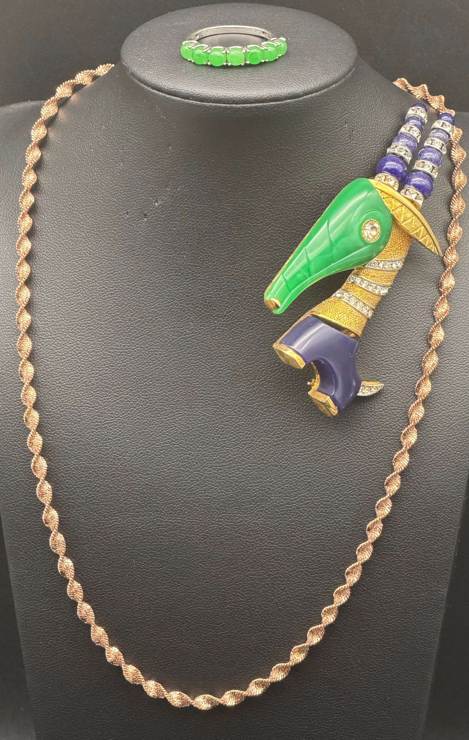 Italy 925 Sterling Silver Gold Plated Necklace Ring Brooch Set 37g: Matching vintage jewelry set in gold-plated sterling silver, marked 925 Italy with maker stamp (SIS). Set includes twisted rope chain necklace, green stone ring, and coordinating brooch/pendant piece.