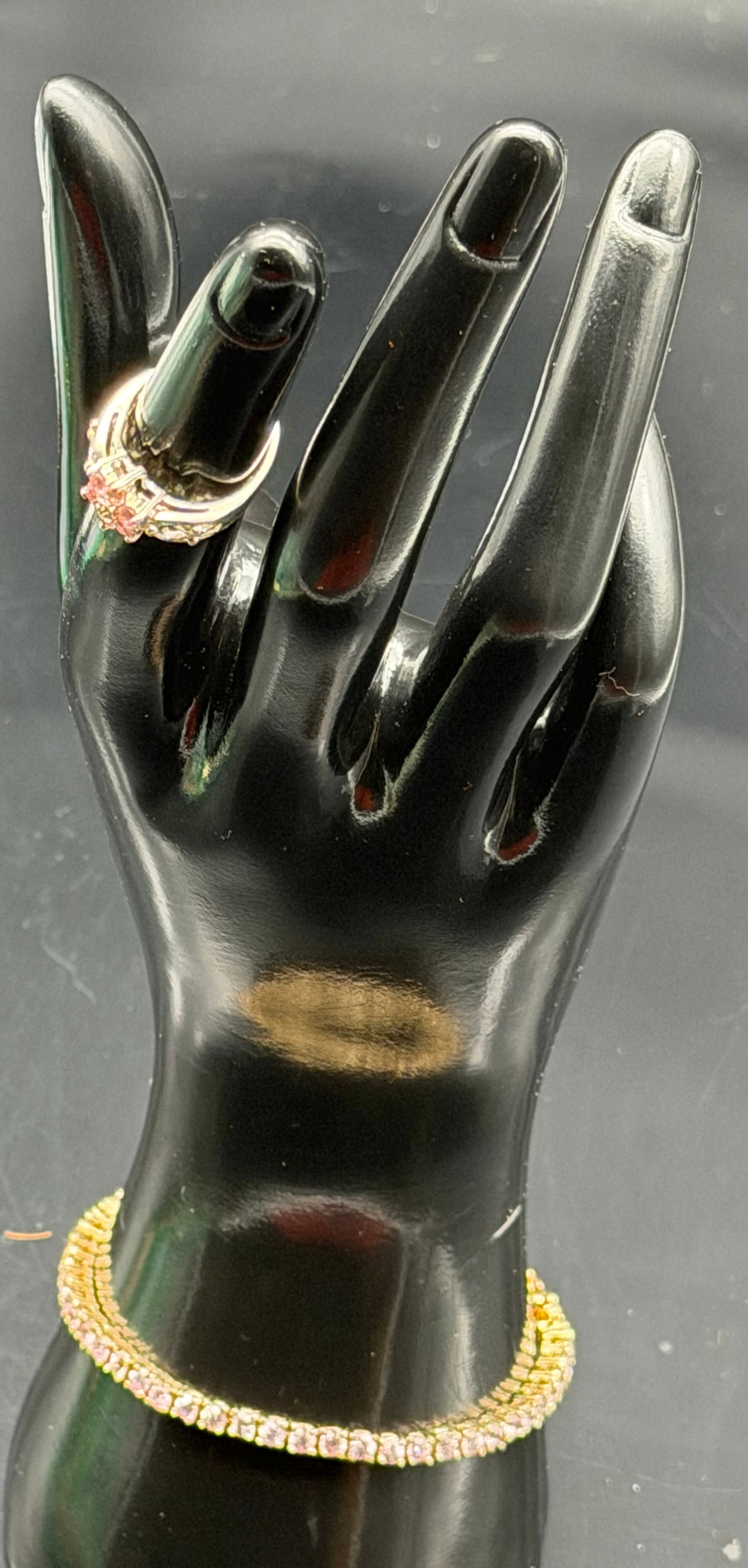 Italy 925 Sterling Silver Gold Plated Pink CZ Bracelet & Ring Set 16g: Matching jewelry set in gold-plated sterling silver, marked 925 Italy. Includes tennis-style bracelet set with pink CZ/crystal stones and coordinating ring with matching pink stones.