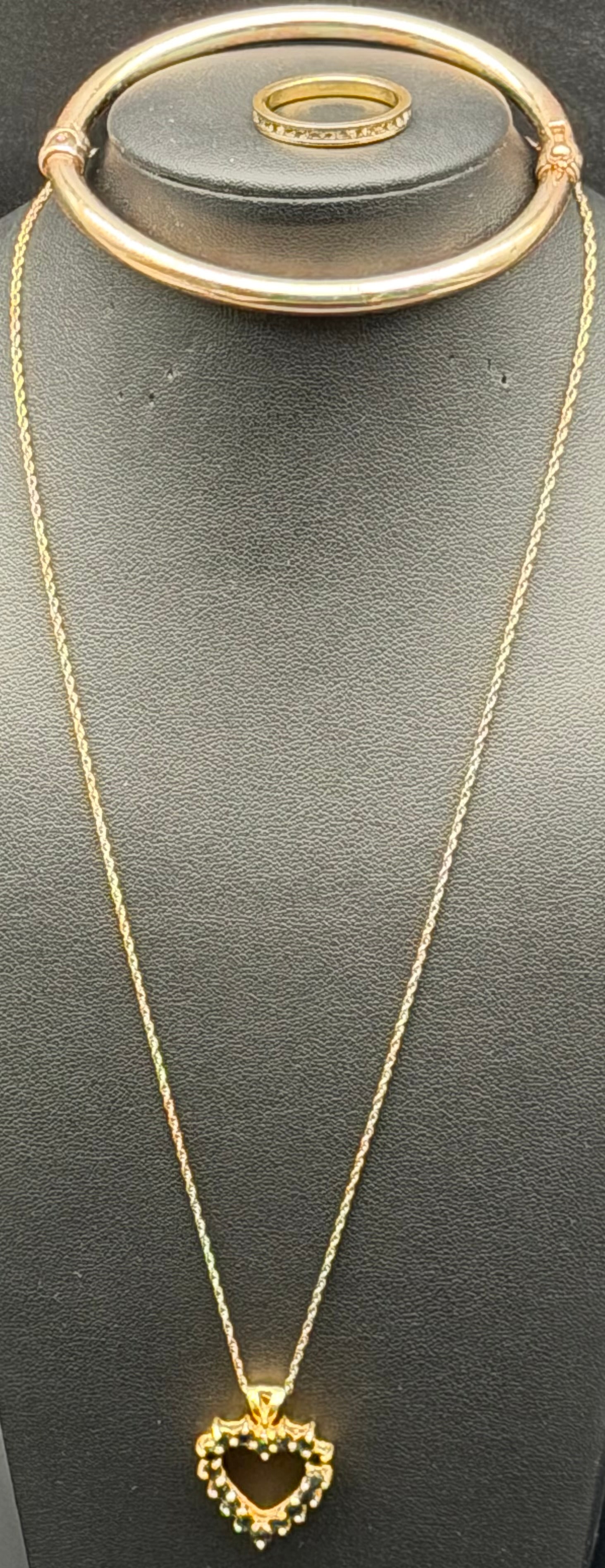 Italy 925 Sterling Silver Gold Plated Heart Necklace & Halo Ring Set 19g: Matching jewelry set in gold-plated sterling silver, marked 925 Italy with maker mark. Includes rope chain necklace with decorative heart pendant and coordinating oval halo ring with faceted center st