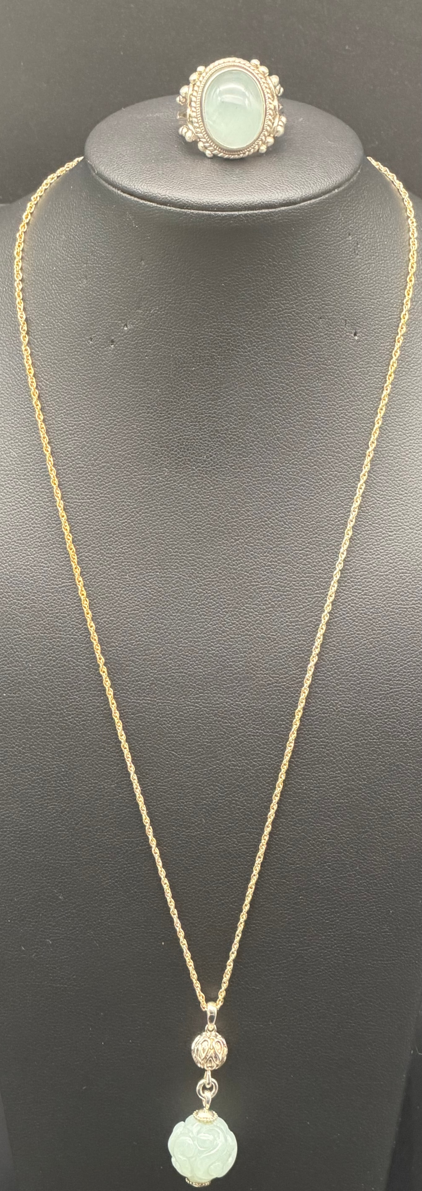 PTI 925 Nepal Sterling Silver Jade Carved Pendant Necklace Ring Set 19g: Matching jewelry set marked PTI 925 Nepal, crafted in sterling silver with gold-plated finish. Includes carved green jade-style stone pendant necklace and coordinating statement ring.