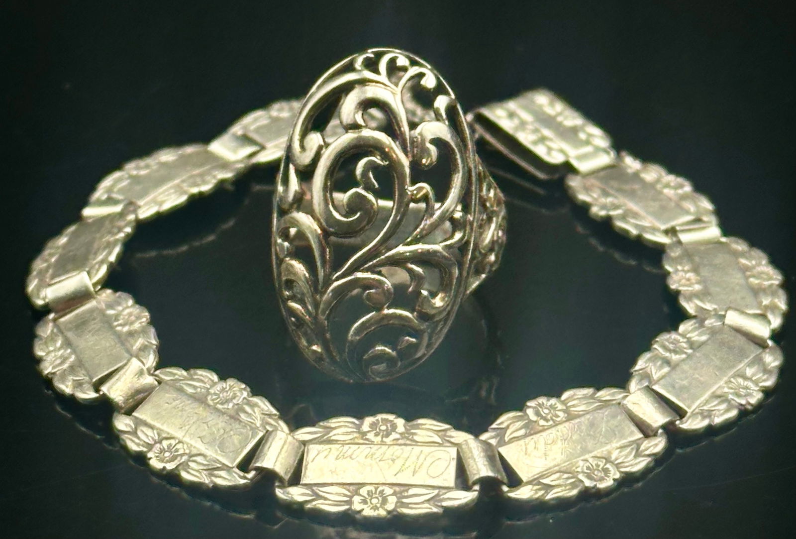 2pc Vintage Sterling Silver Forget-Me-Not Bracelet & Filigree Ring (1 of 17)