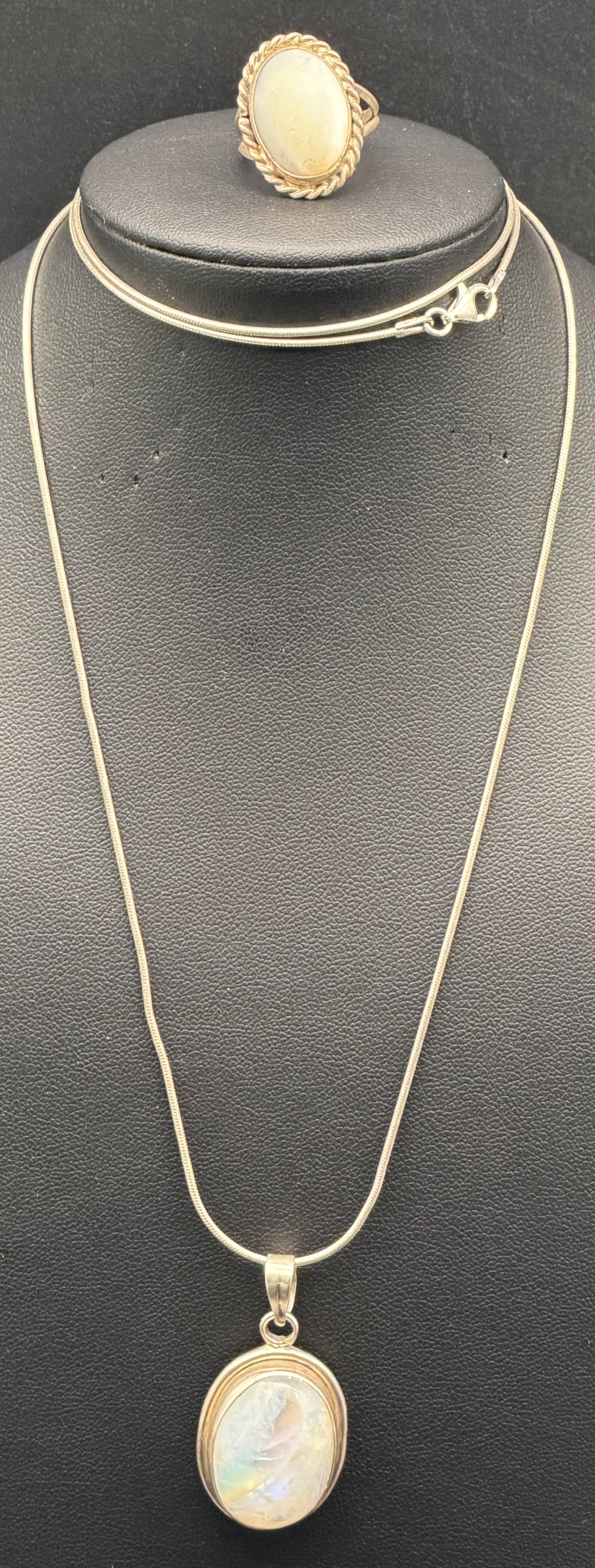 Vintage 925 Sterling Silver Opalite Pendant Necklace & Ring Set 22g (1 of 10)