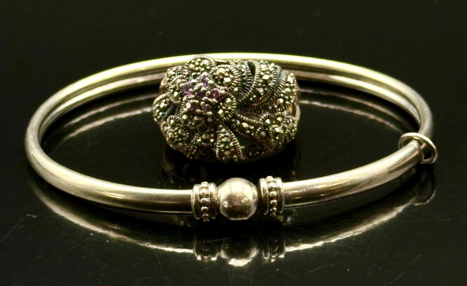 Pandora 925 Sterling Bangle Bracelet & Purple Marcasite Ring Set – 18g: Elegant sterling silver jewelry set featuring an authentic Pandora 925 bangle bracelet paired with a vintage-style statement ring accented with sparkling marcasites and small purple stones arranged in