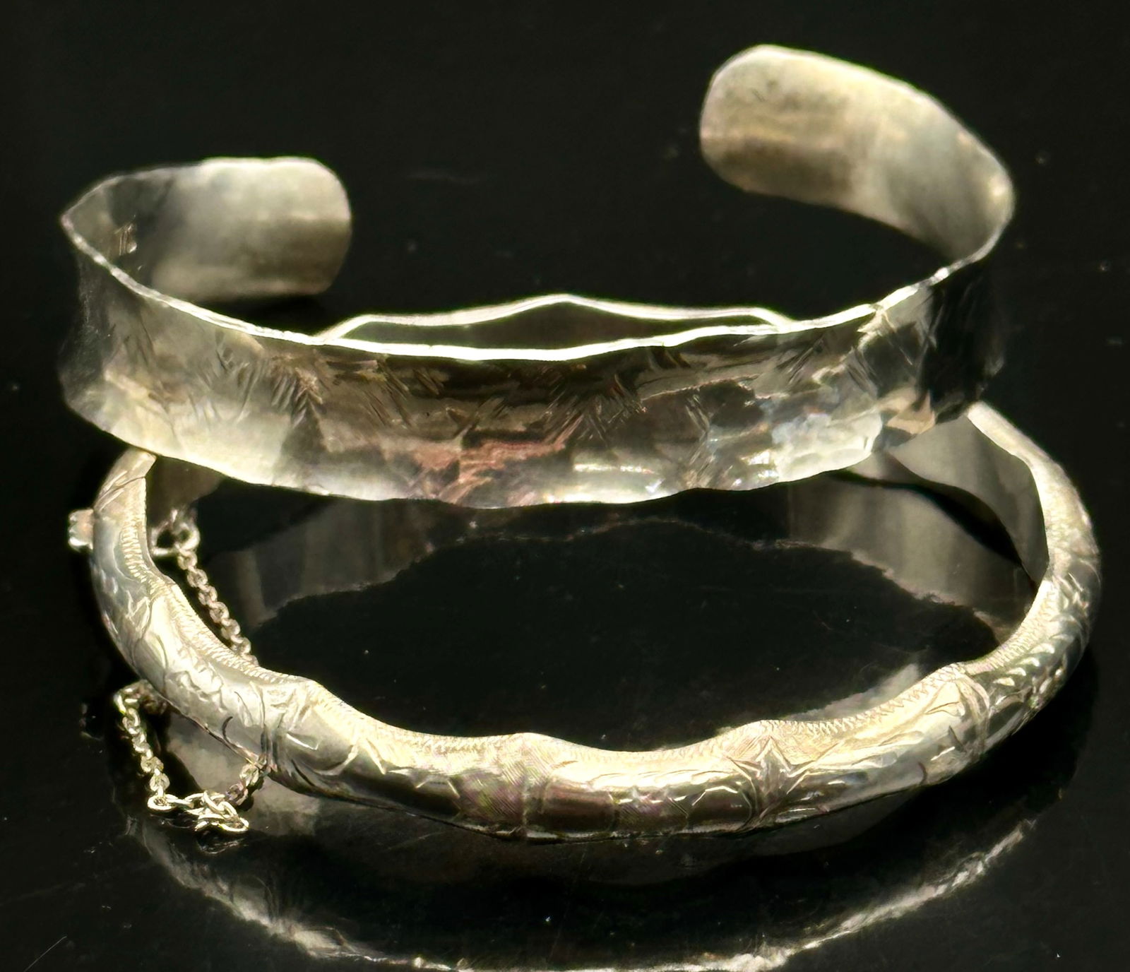 Pair Sterling Silver Cuff Bracelets, Etched Design, 21g Total (1 of 12)