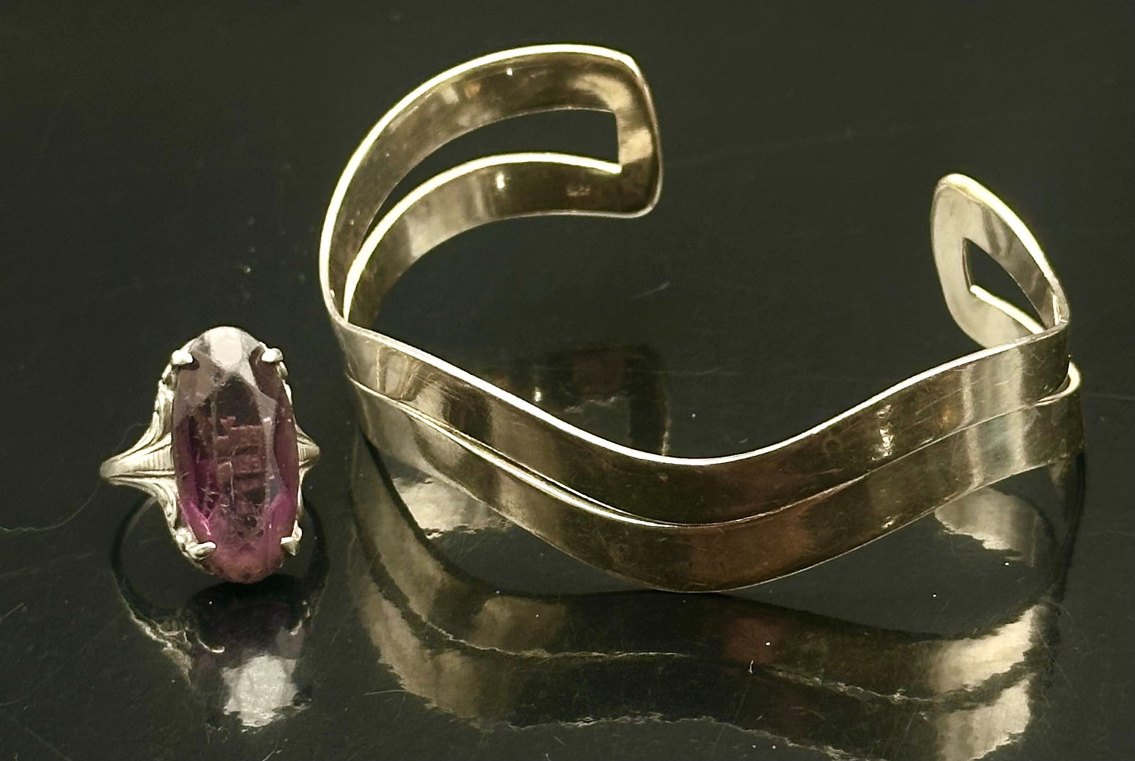 Sterling Silver Modernist Cuff Bracelet & Purple Stone Ring, 27g (1 of 13)