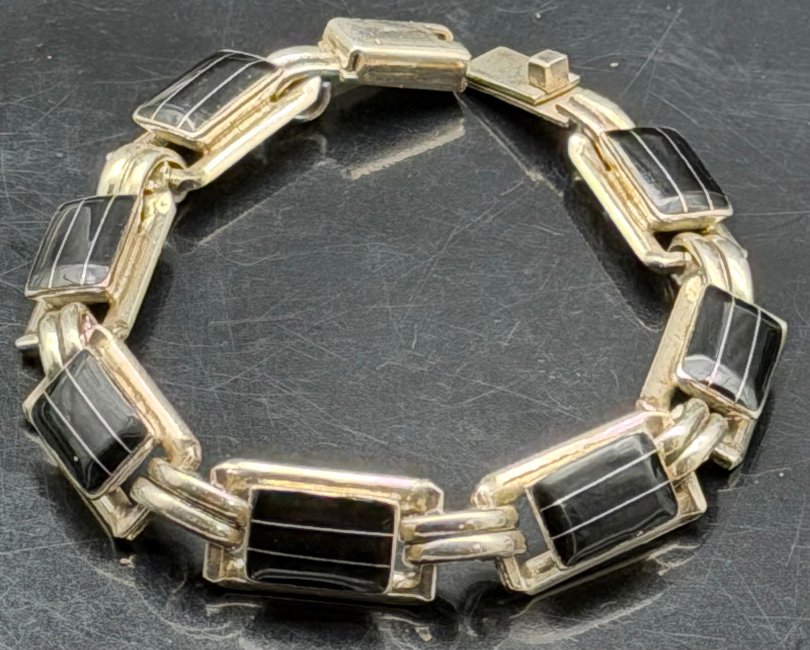 925 Mexico Onyx Link Bracelet 33g Taxco Style (1 of 8)