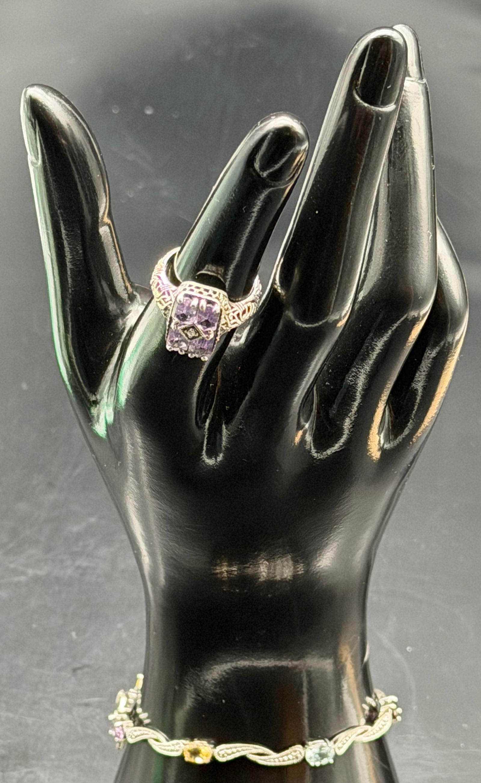 Sterling Silver 925 DBJ Bracelet & Ring Set Multi-Stone 11g: Pretty vintage sterling silver bracelet and matching ring set, both marked 925 (DBJ / CNA maker marks). Features multi-color stones and decorative silverwork details. Coordinated set with a feminine,